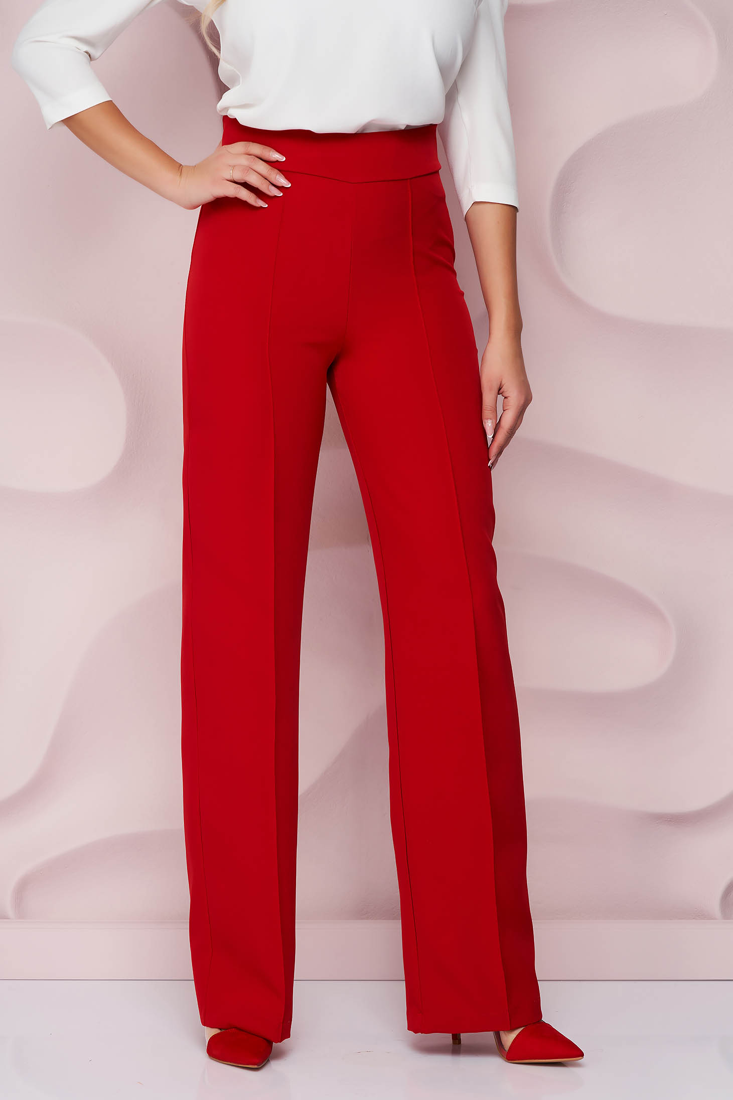 Pantaloni din stofa usor elastica rosii cu un croi evazat si talie inalta - StarShinerS