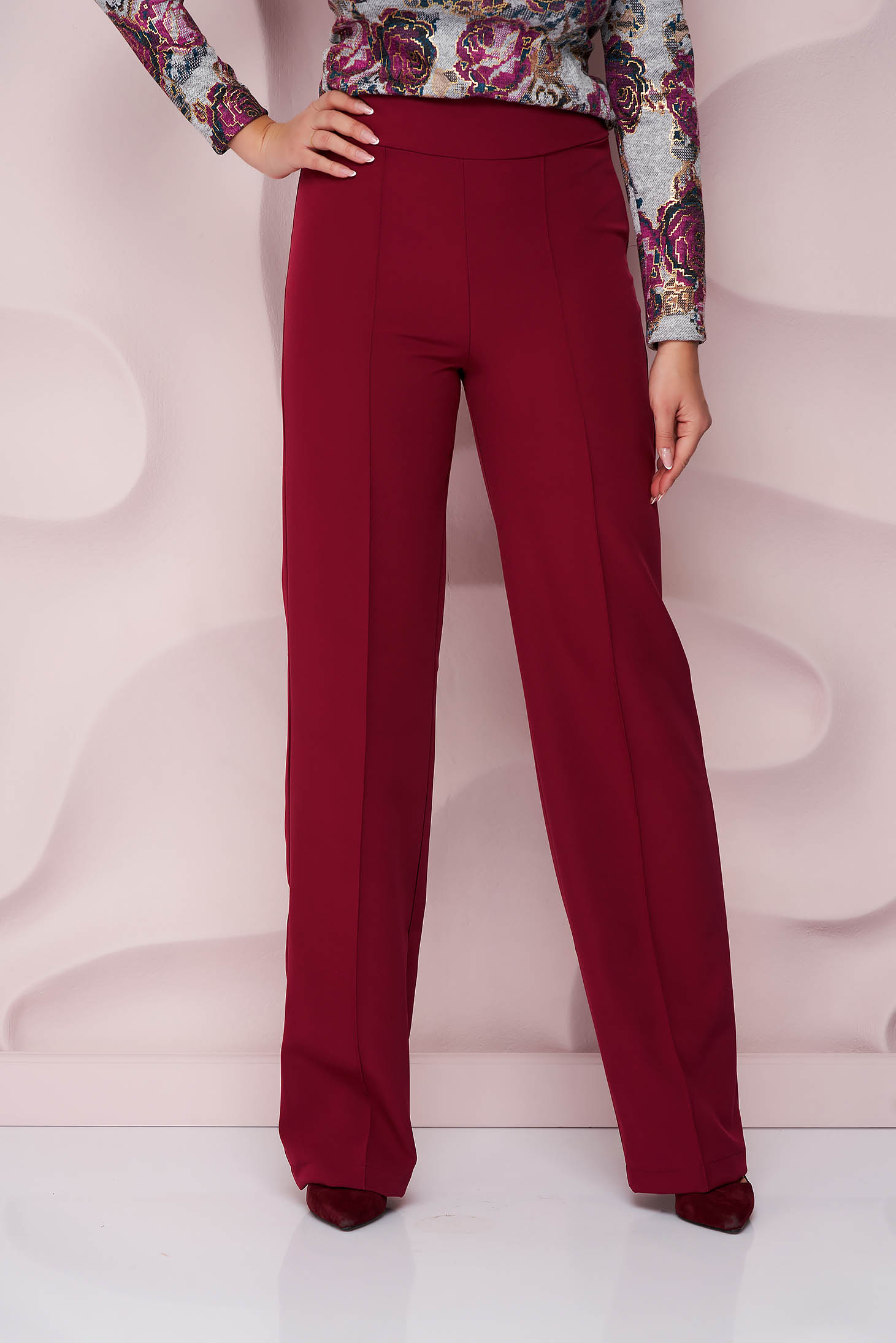 Raspberry slightly stretchy fabric trousers with a flared cut and high waist - StarShinerS 1 - StarShinerS.com