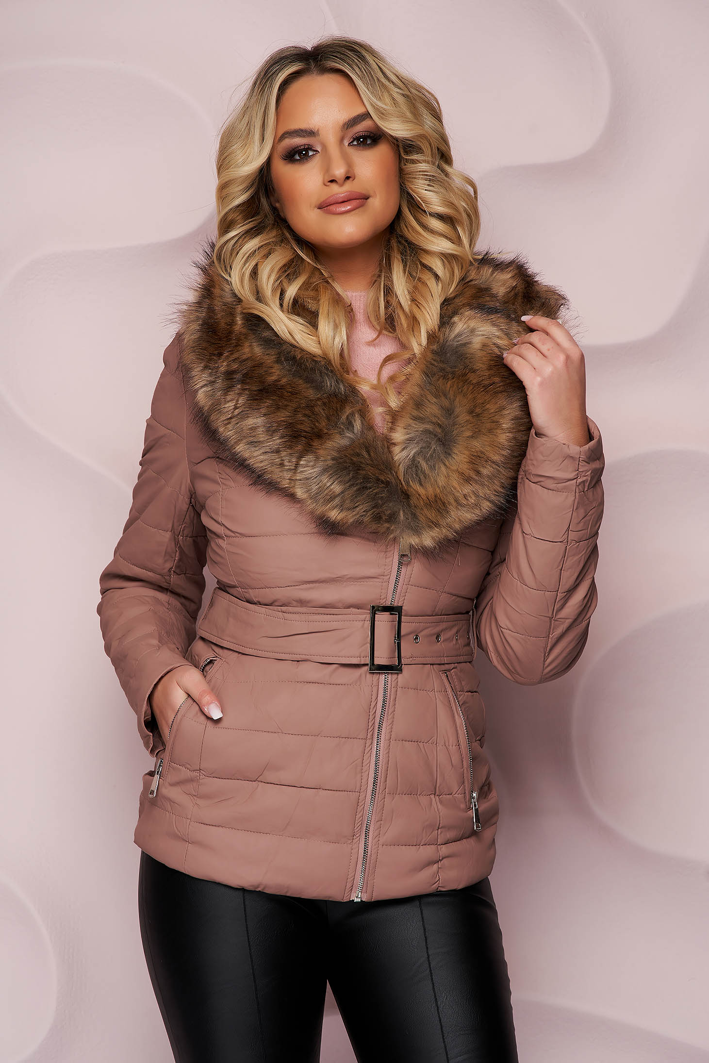 Lightpink jacket tented fur collar from ecological leather