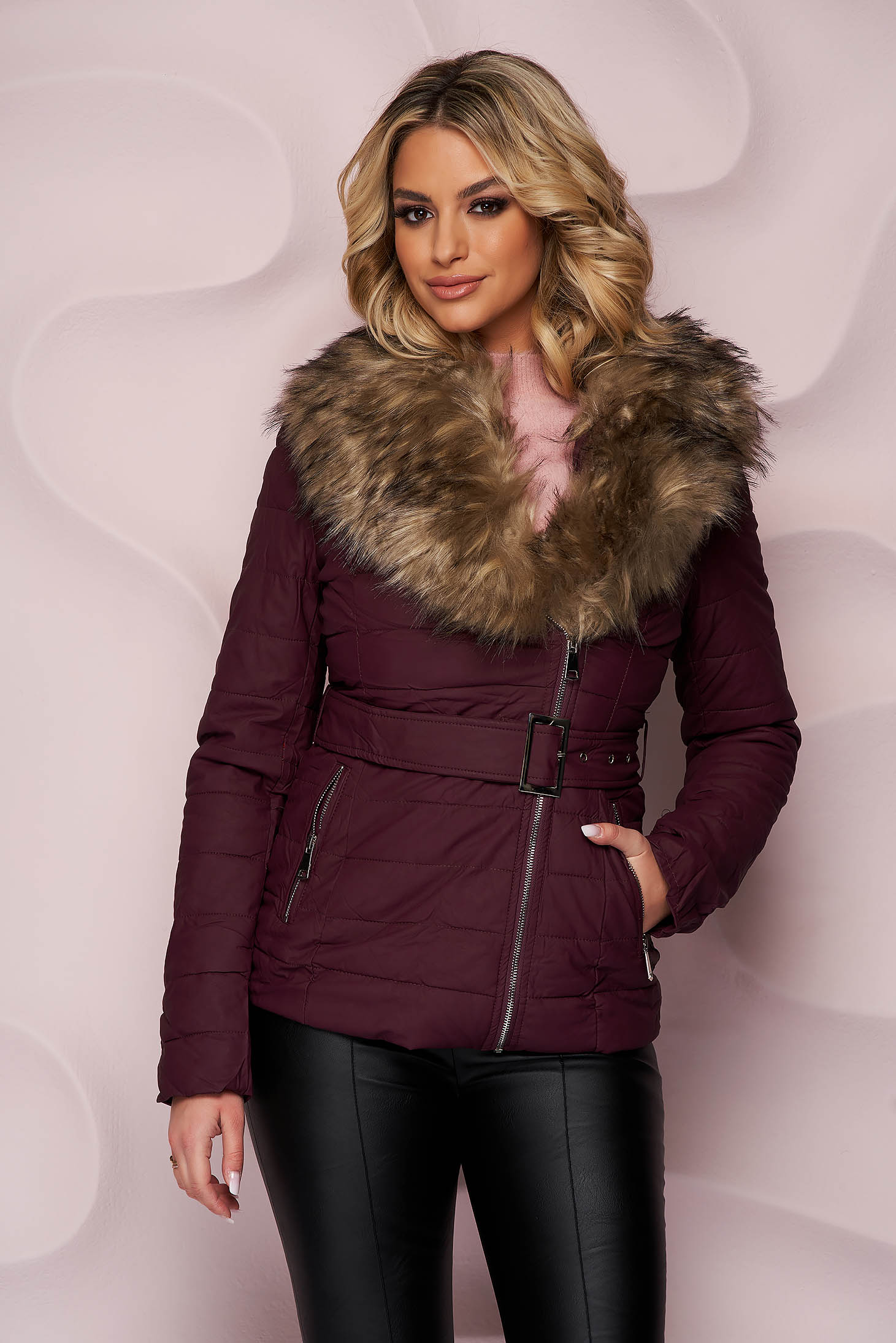 Burgundy jacket tented fur collar from ecological leather