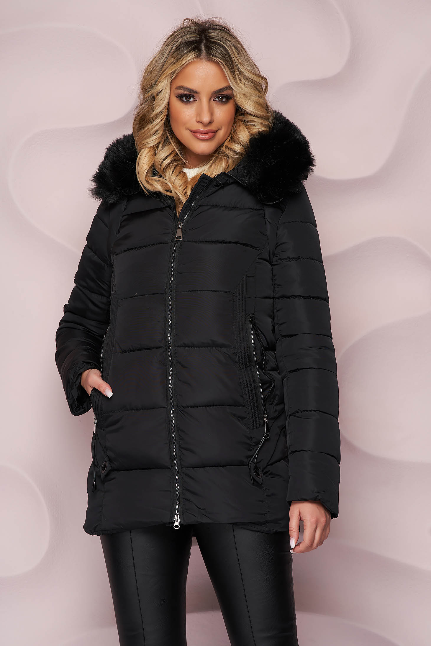 Black jacket straight from slicker with detachable faux fur insertions