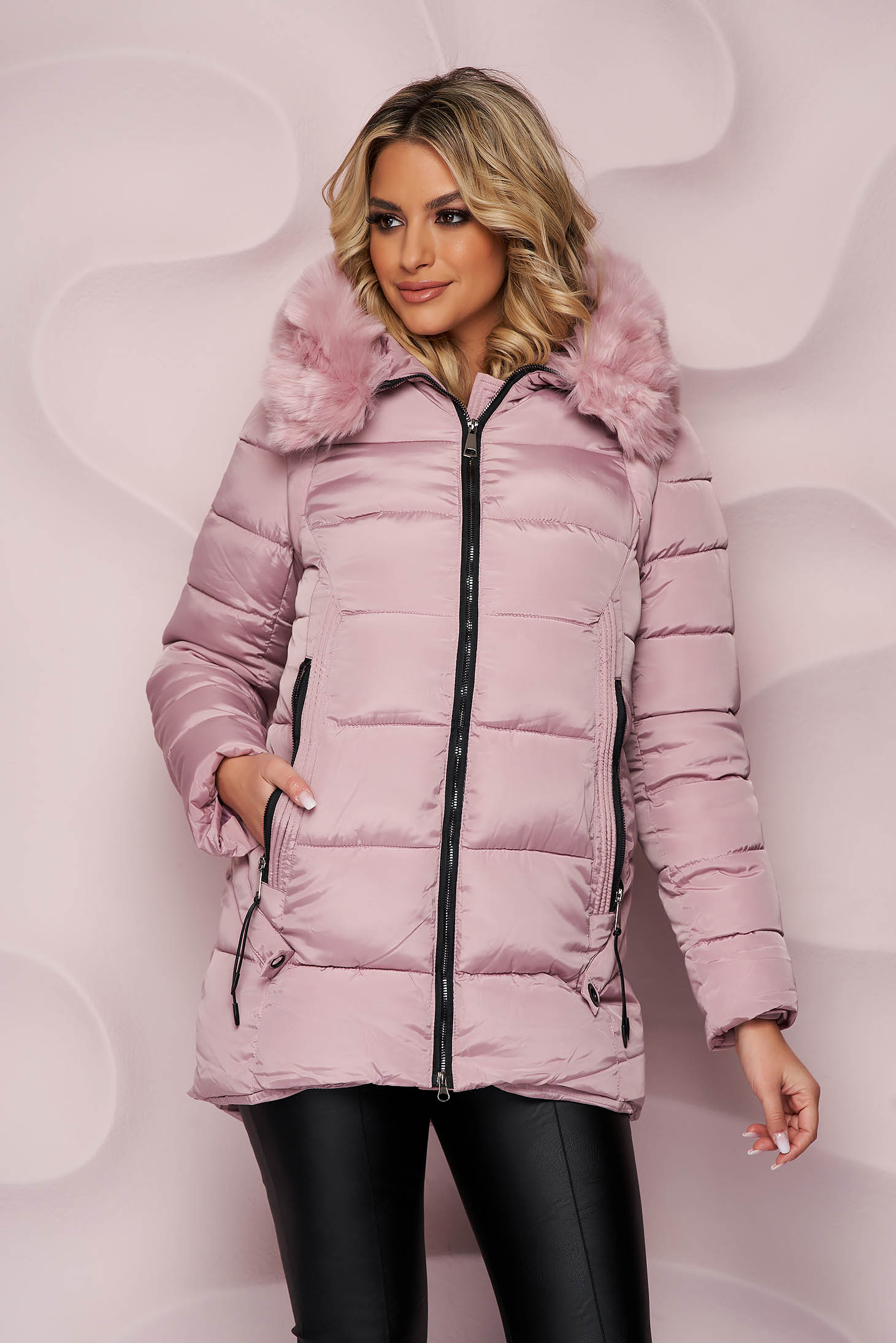 Pink jacket straight from slicker with detachable faux fur insertions
