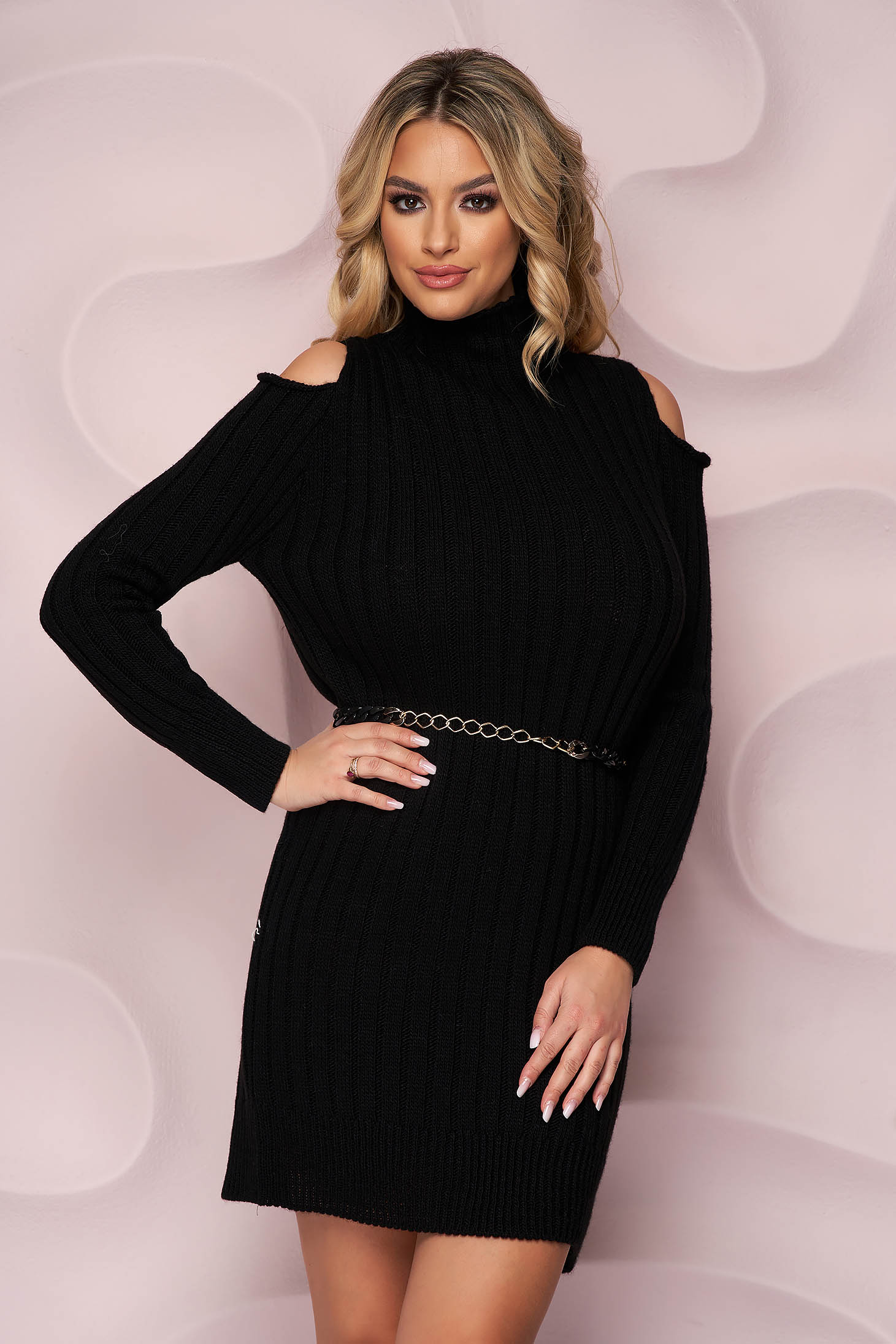 Black dress knitted fabric accessorized with belt both shoulders cut out