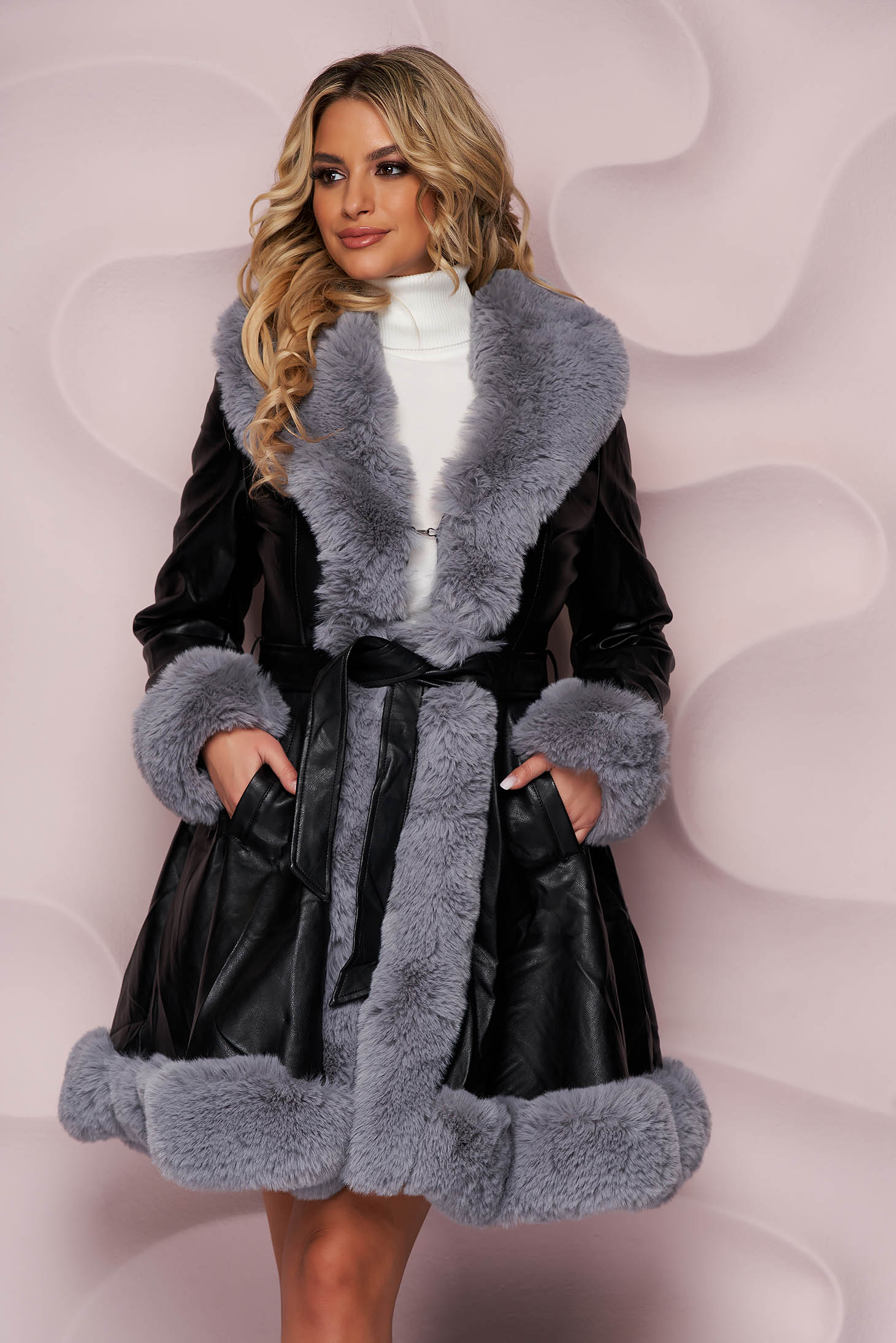 Grey jacket from ecological leather with faux fur details flaring cut