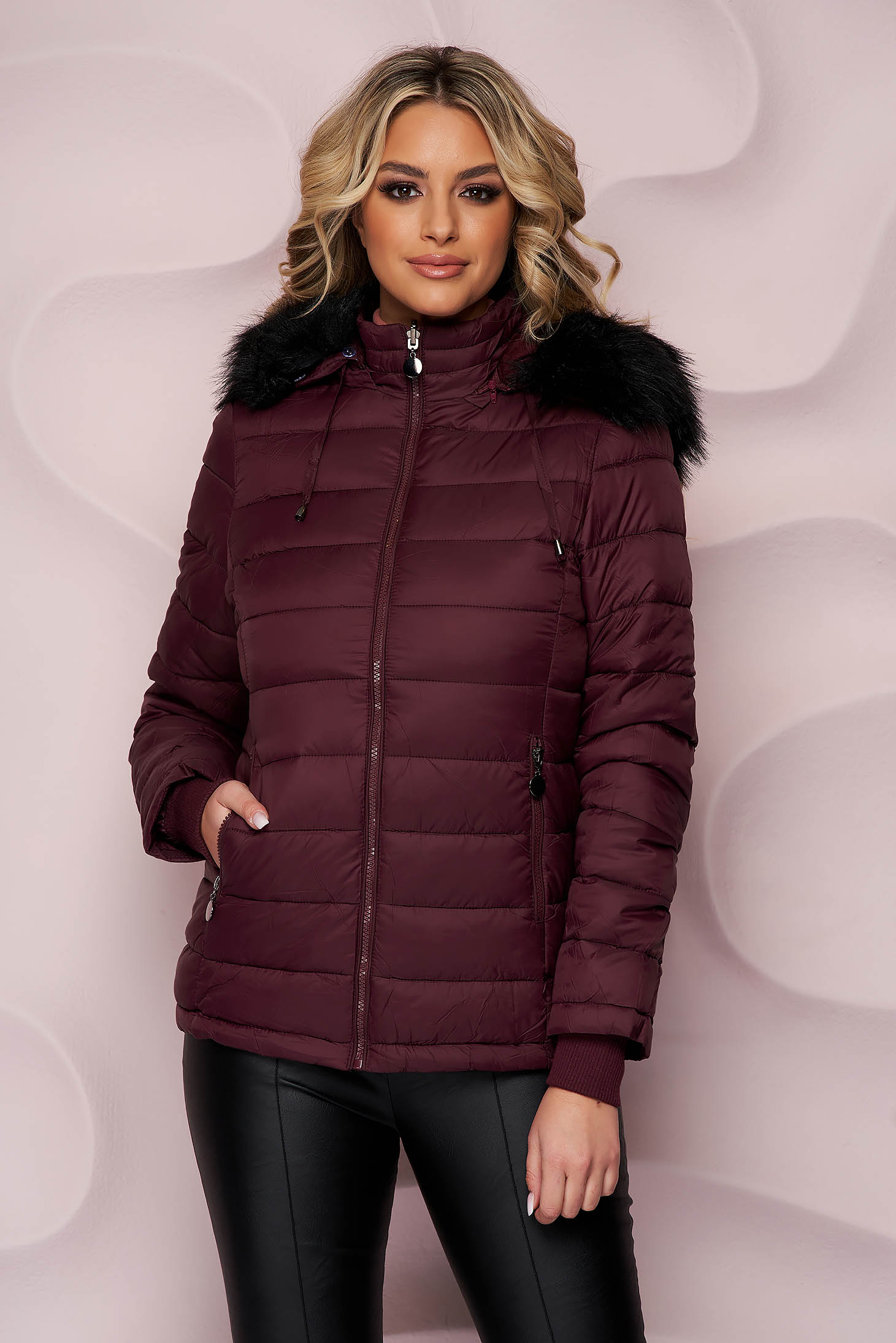 Burgundy jacket tented from slicker detachable hood