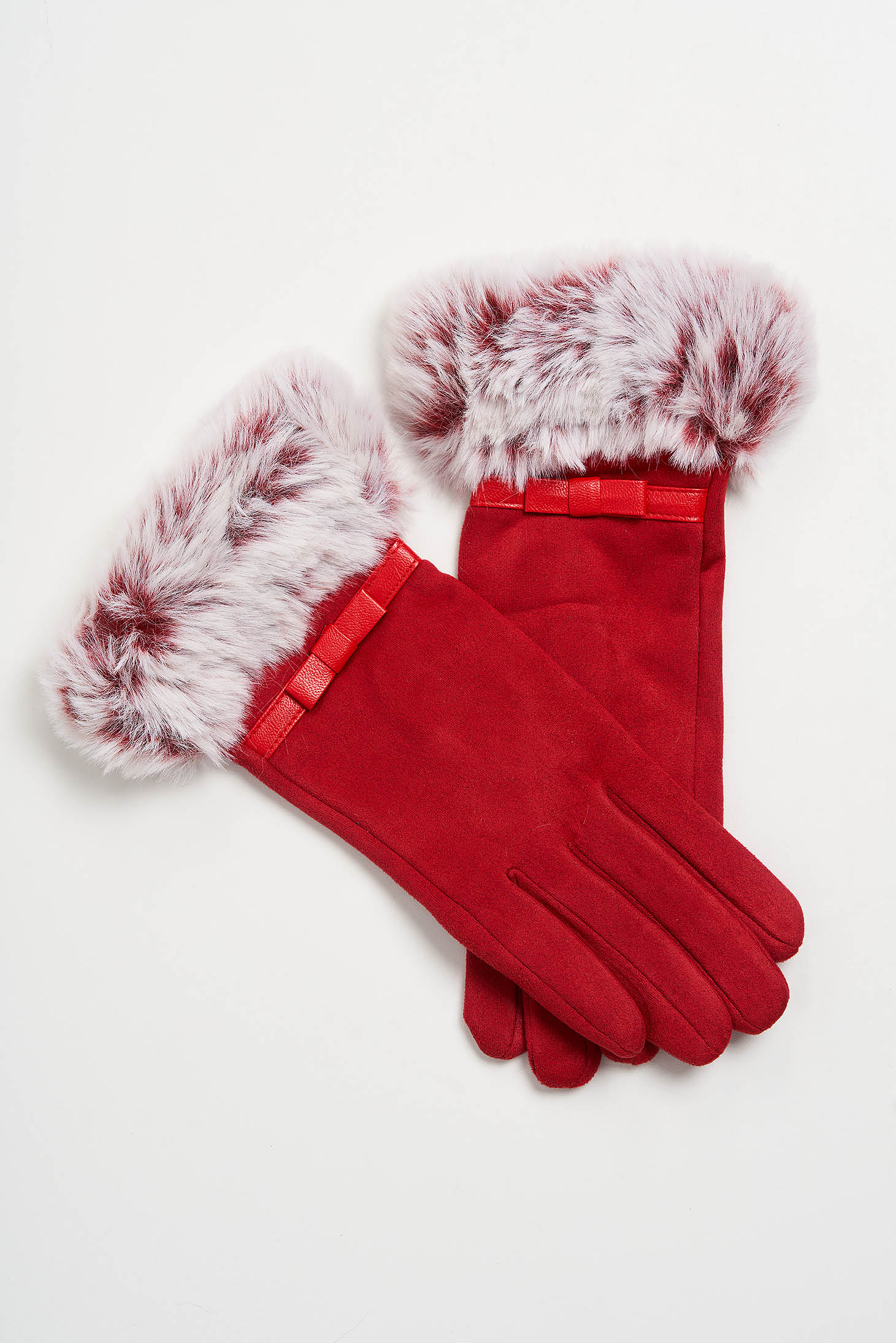 Red gloves from ecological leather with faux fur accessory