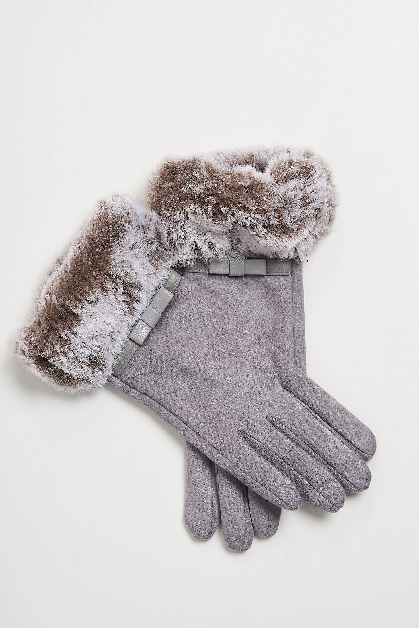Grey gloves from ecological leather with faux fur accessory