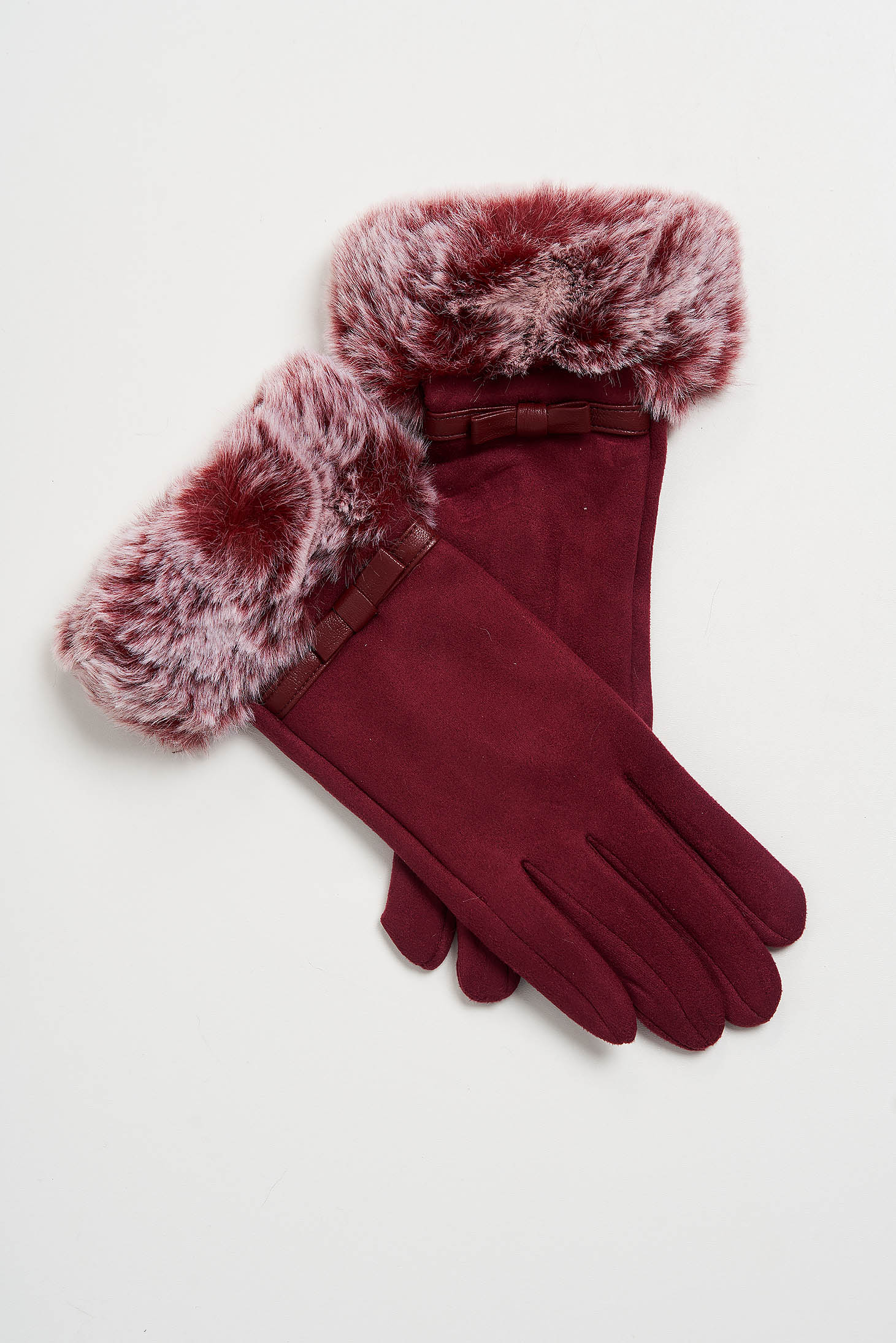 Darkred gloves from ecological leather with faux fur accessory