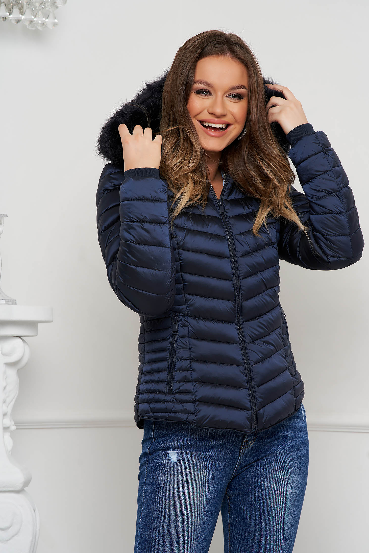 Darkblue jacket from slicker with faux fur accessory
