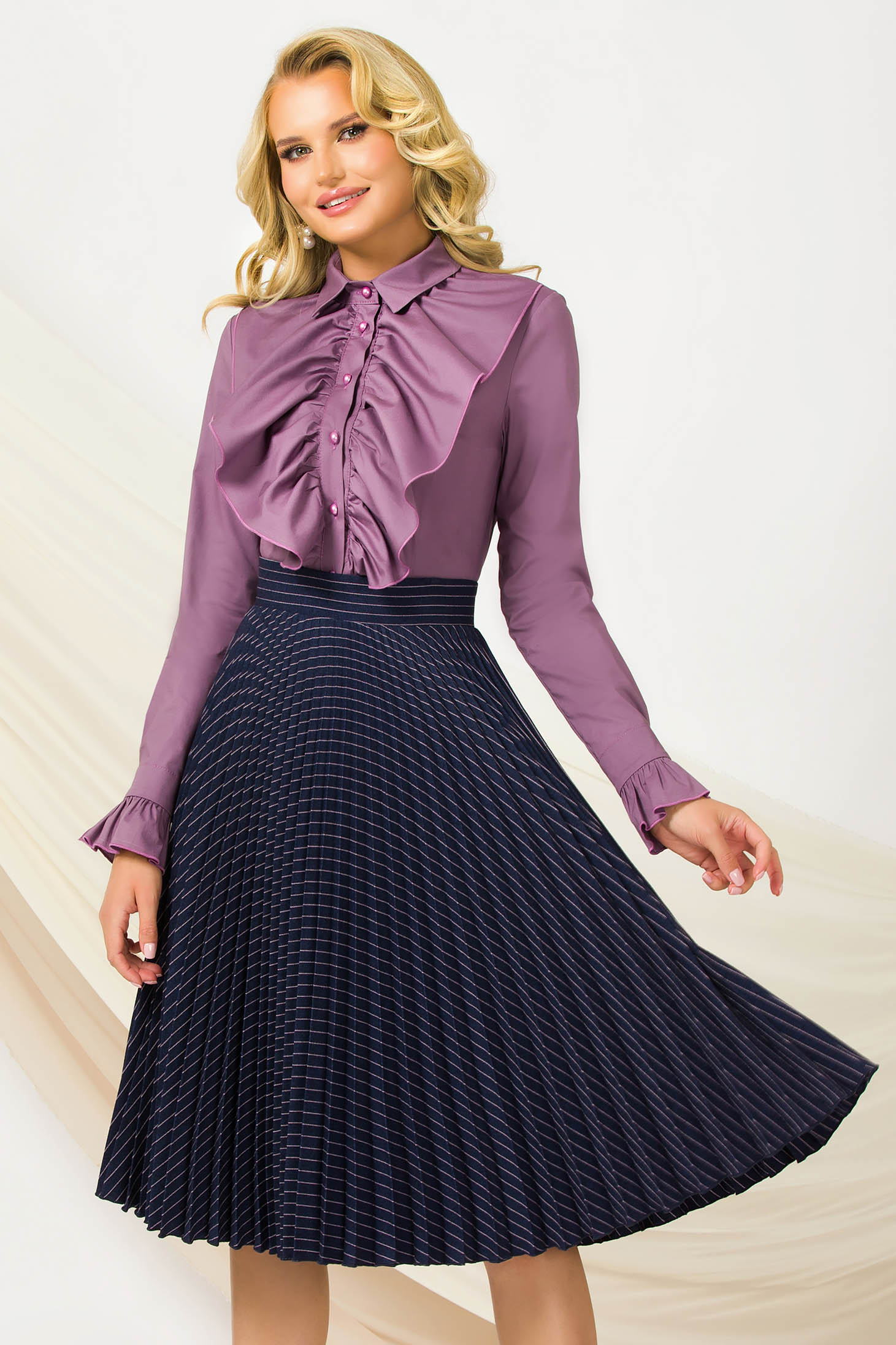Purple women`s shirt cotton office tented with ruffle details