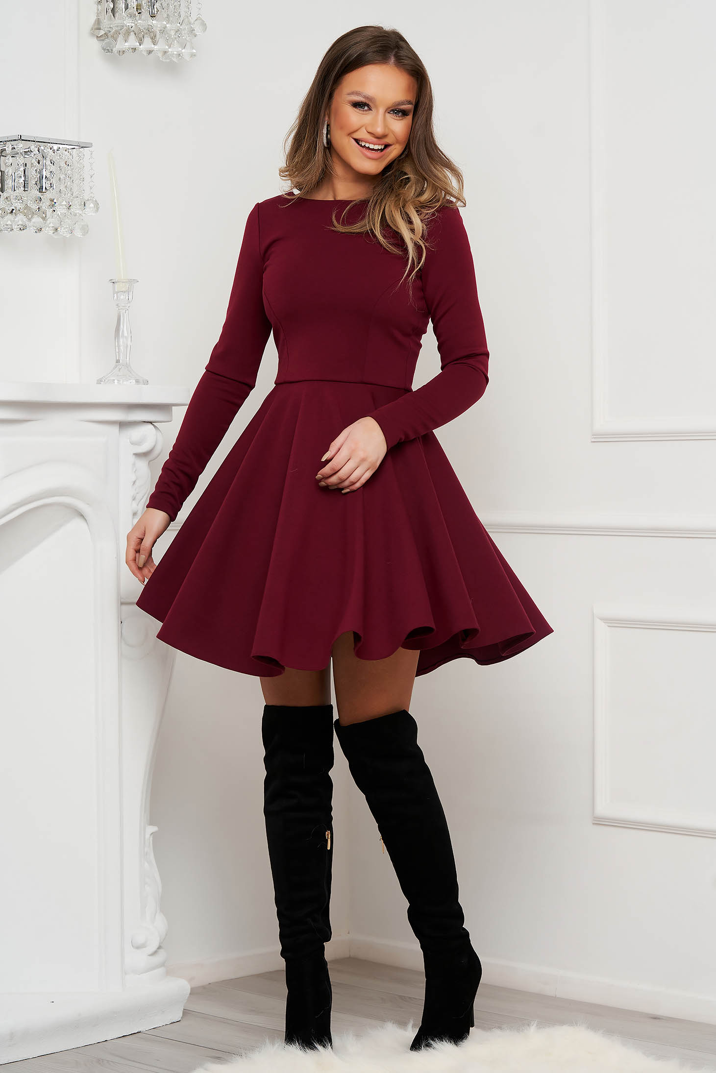 Jersey rövid harang ruha - burgundy, kerekített dekoltázssal - StarShinerS