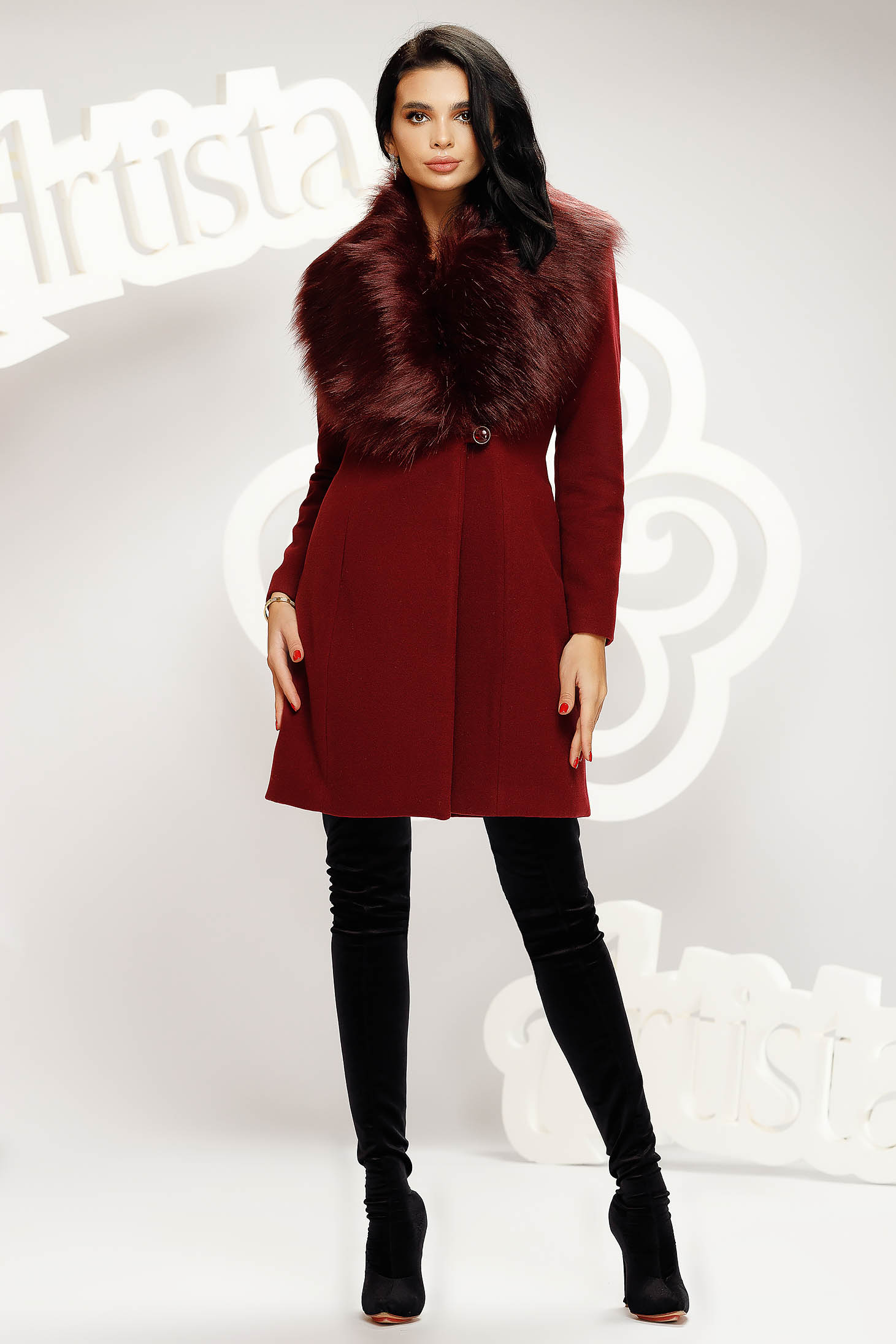 Burgundy coat tented with faux fur accessory cloth