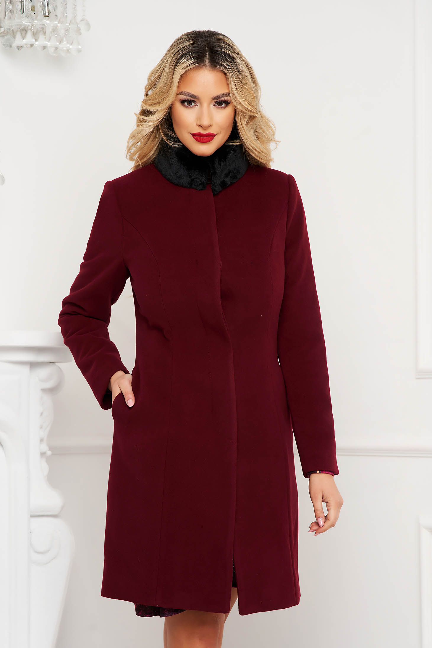 Burgundy coat tented fur collar elegant