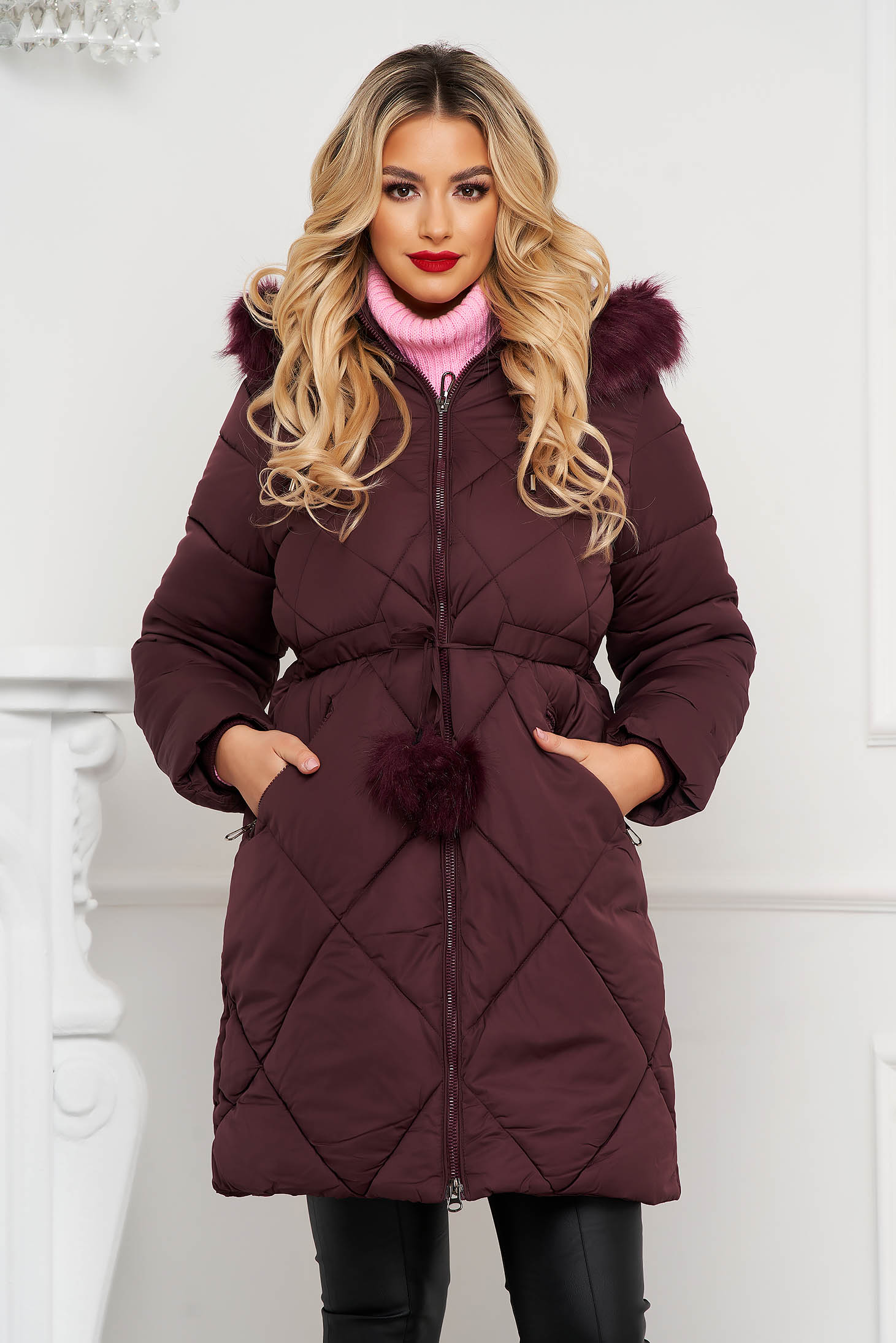 Lightpurple jacket loose fit from slicker detachable hood is fastened around the waist with a ribbon