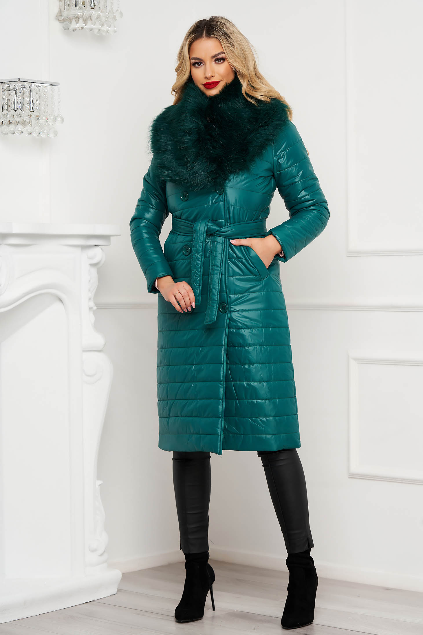 Green jacket from slicker fur collar from ecological fur detachable cord