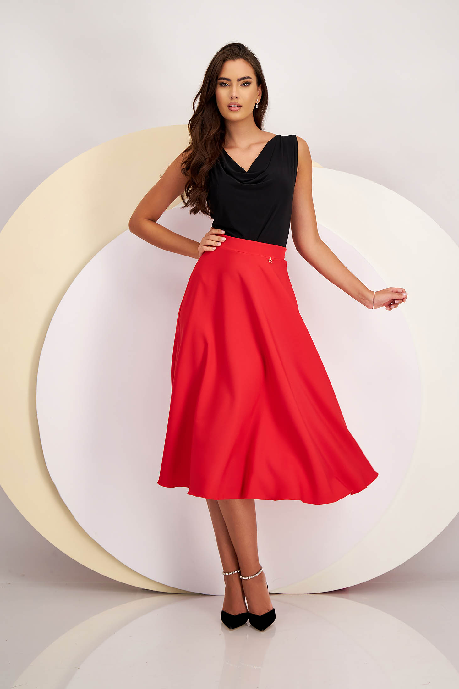 Red Elastic Fabric Midi Flared Skirt - StarShinerS