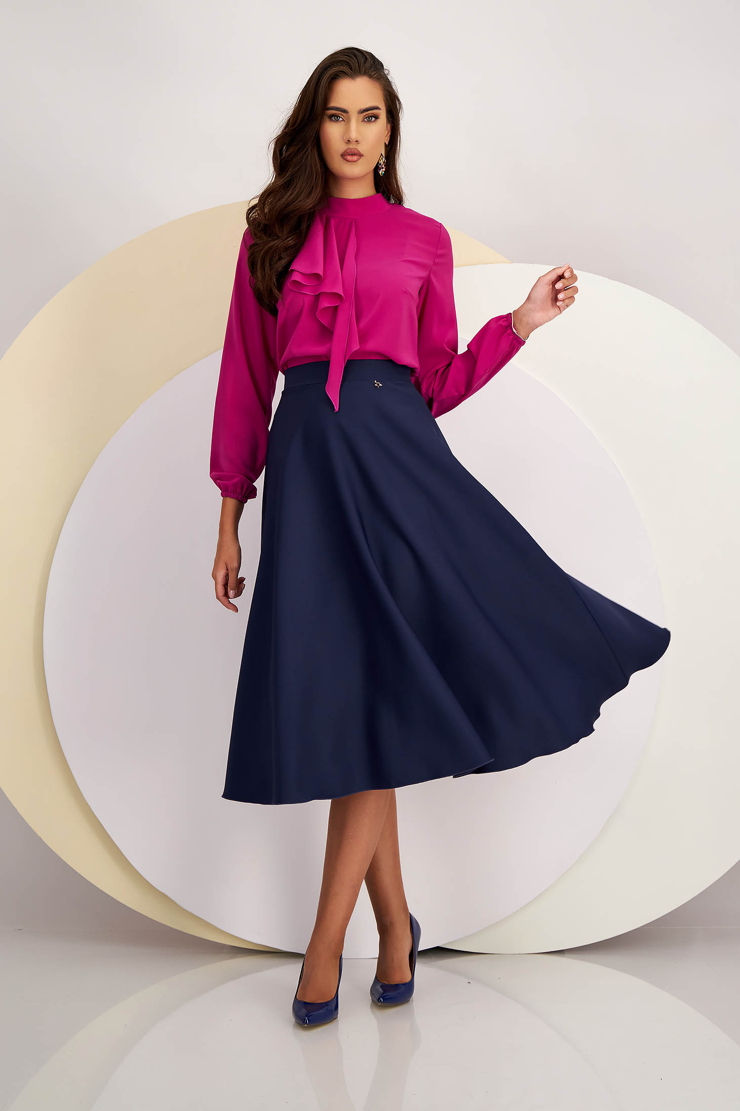 Navy Blue Elastic Fabric Midi Flared Skirt - StarShinerS