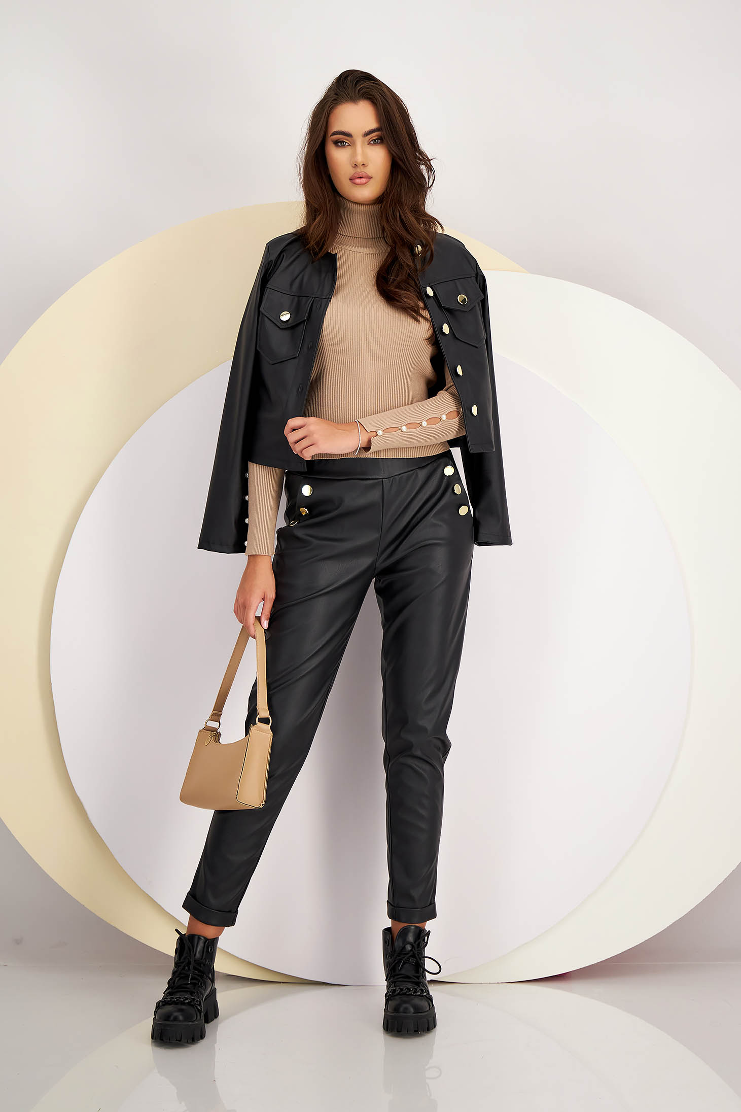 Black trousers from ecological leather medium waist with button accessories conical