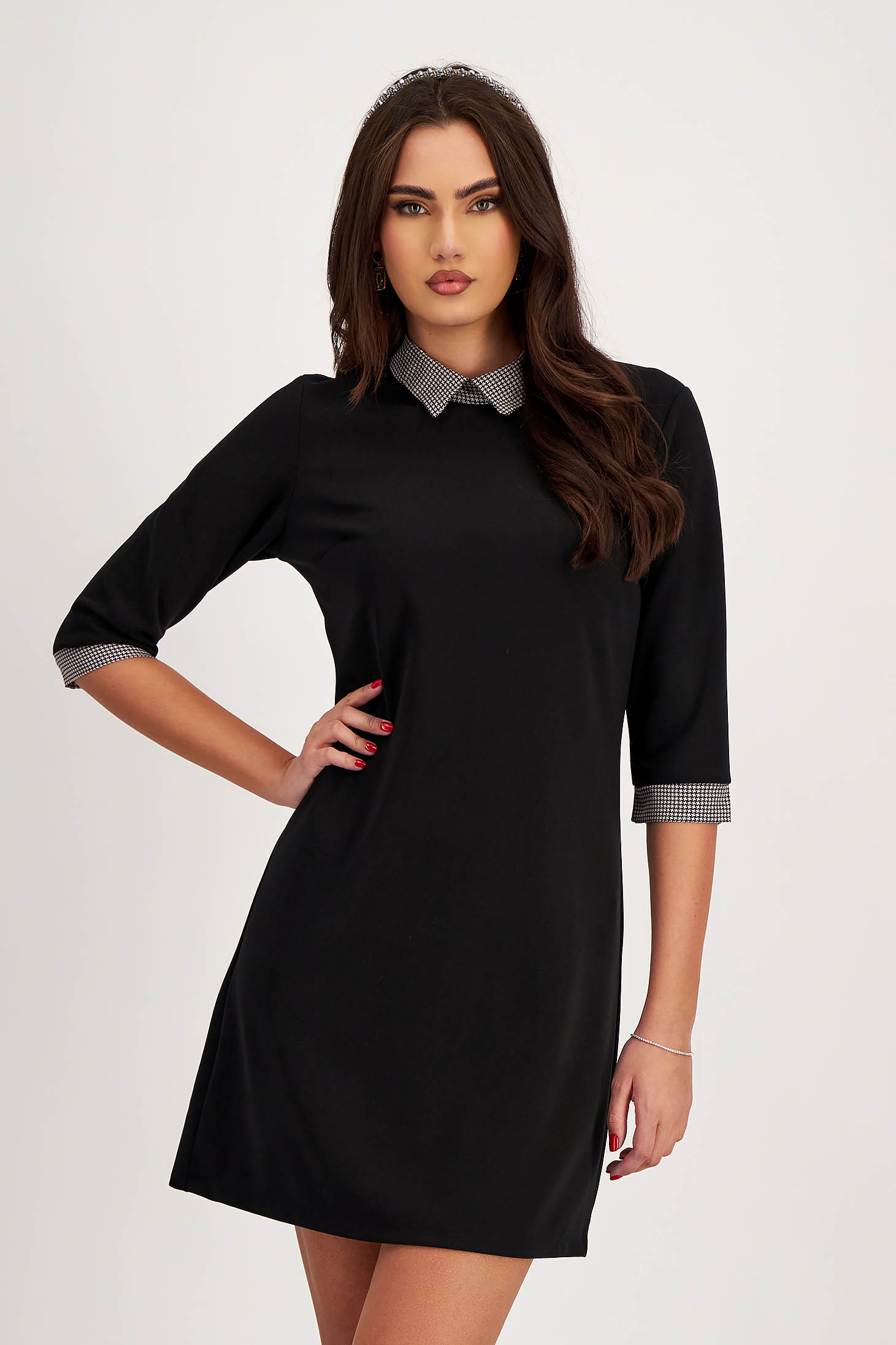 Black elastic material dress with A-line cut and shirt collar - SunShine