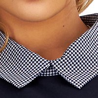 Navy Blue Stretch Material Dress with A-Line Cut and Plaid Collar - SunShine