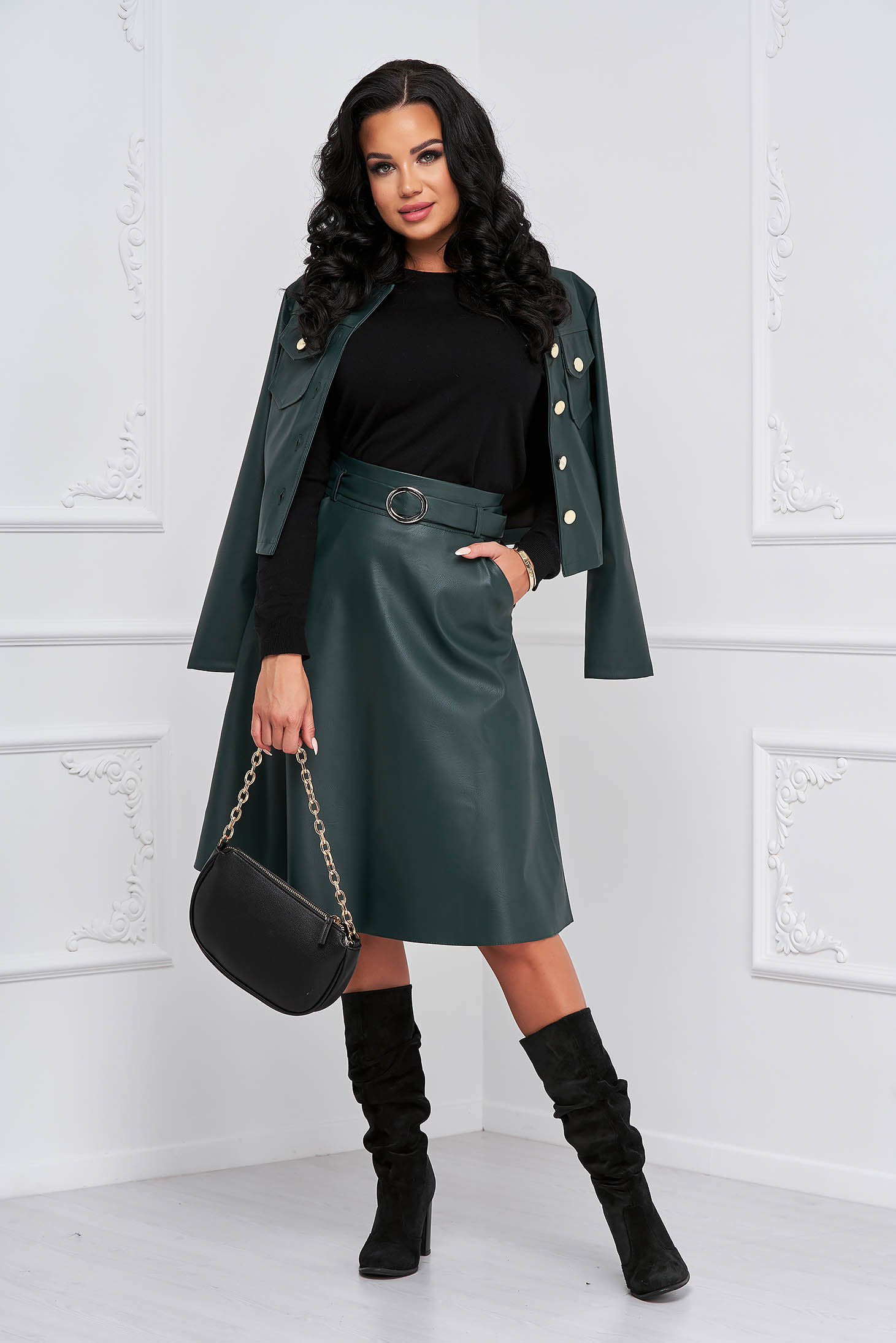 Darkgreen skirt from ecological leather cloche faux leather belt