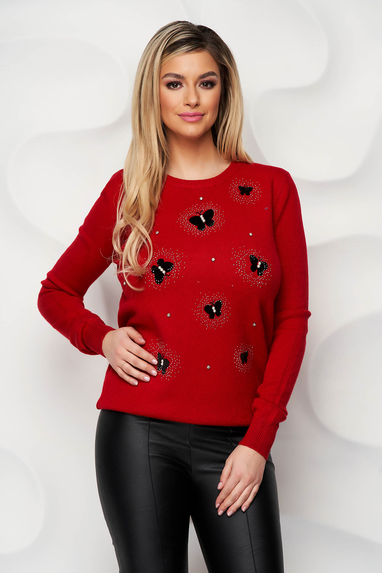 Red women`s blouse knitted pearls strass