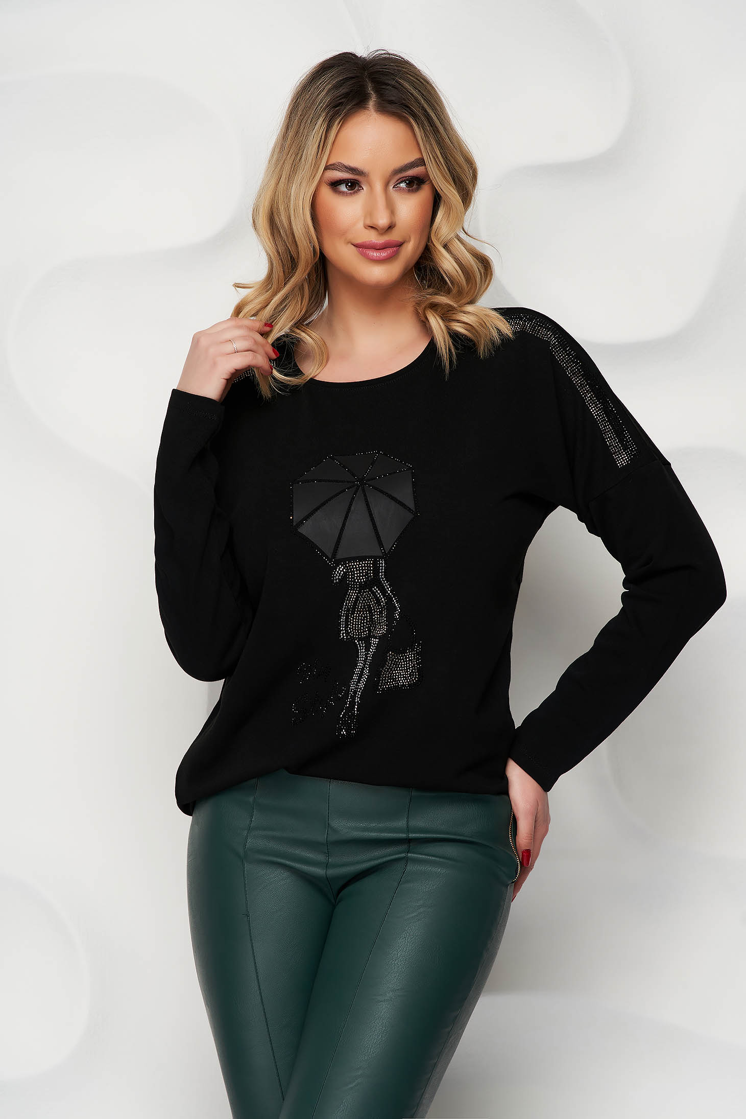 Black women`s blouse knitted strass loose fit with faux leather details