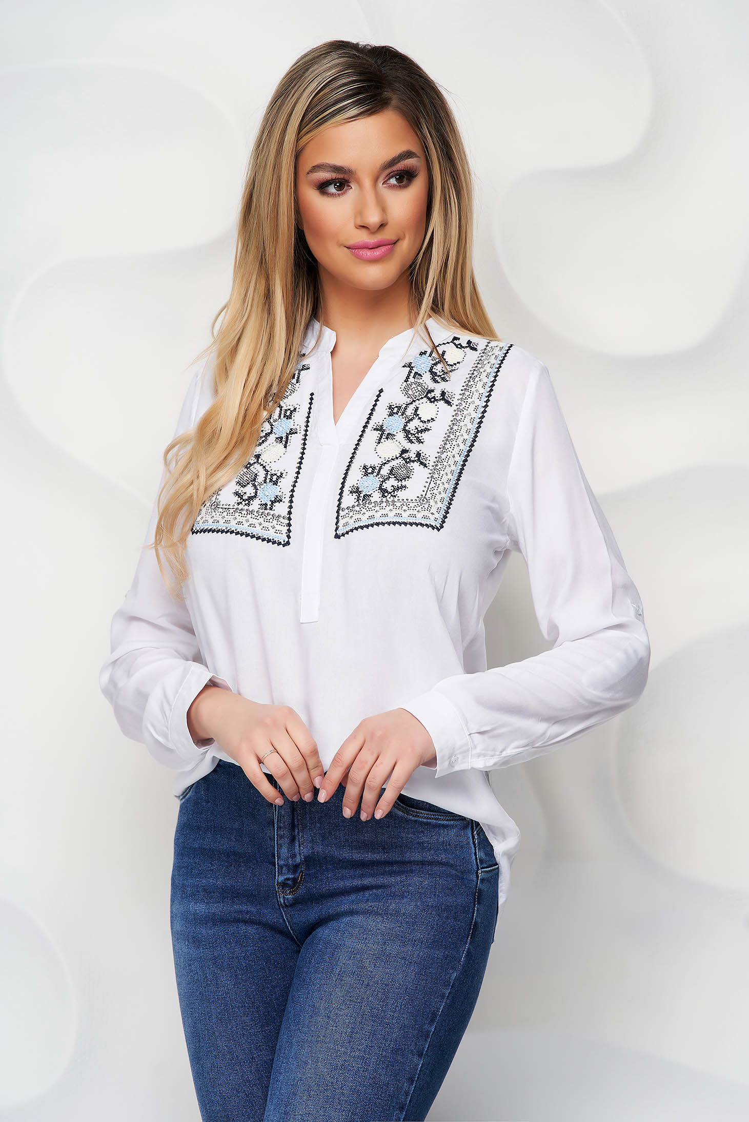 White women`s blouse cotton embroidered strass