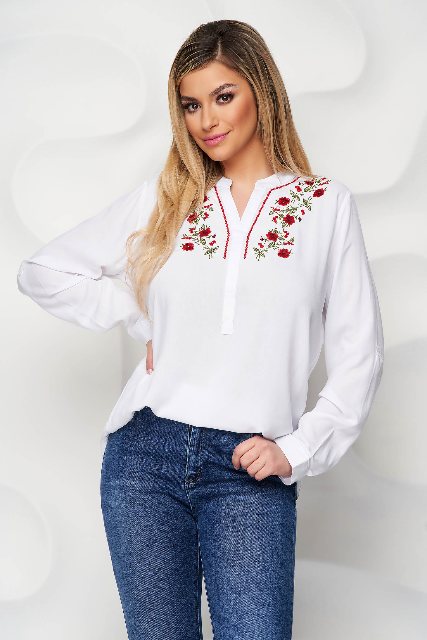 White women`s blouse cotton embroidered loose fit