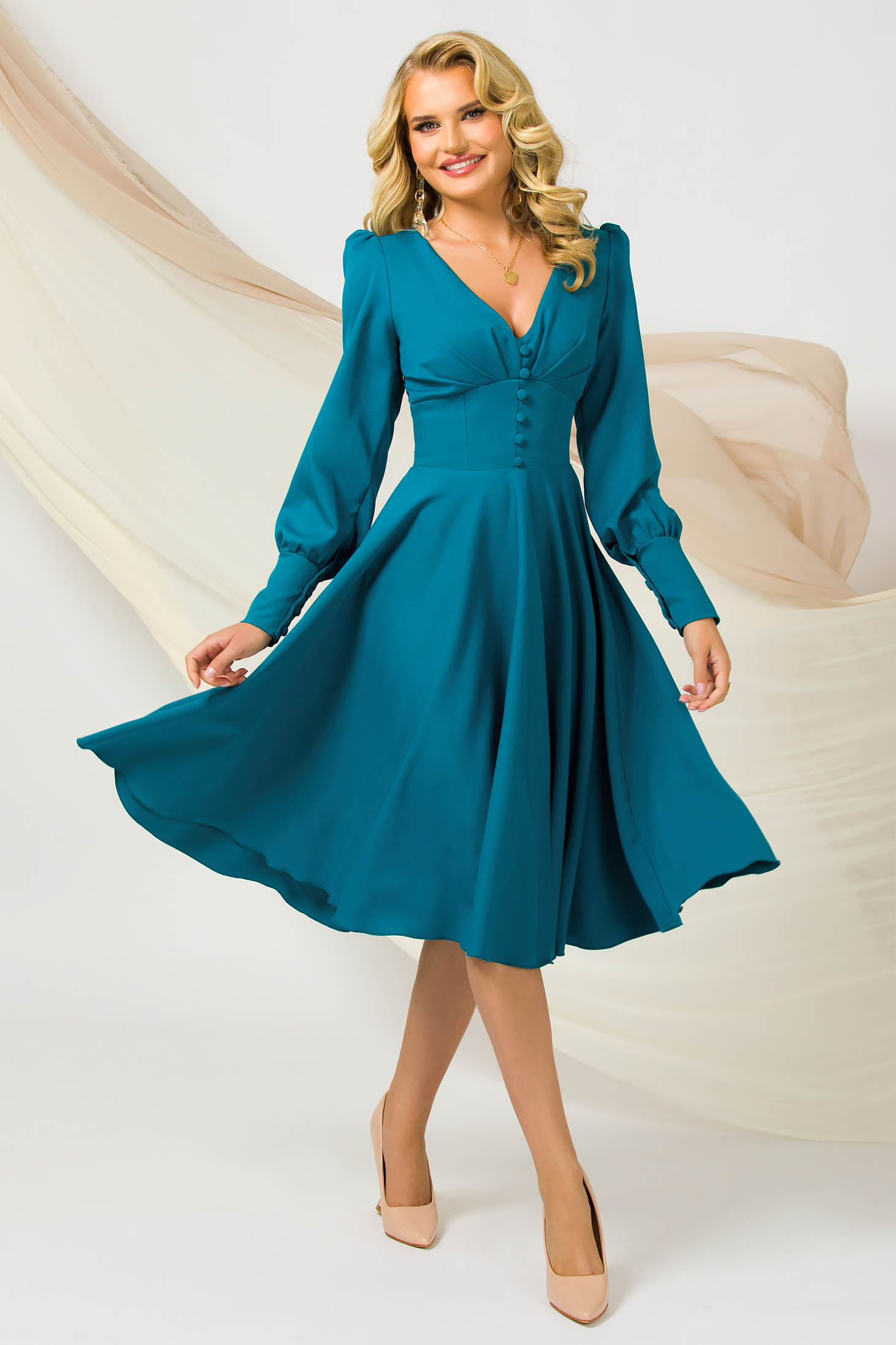 Turquoise dress cloche slightly elastic fabric high shoulders with decorative buttons