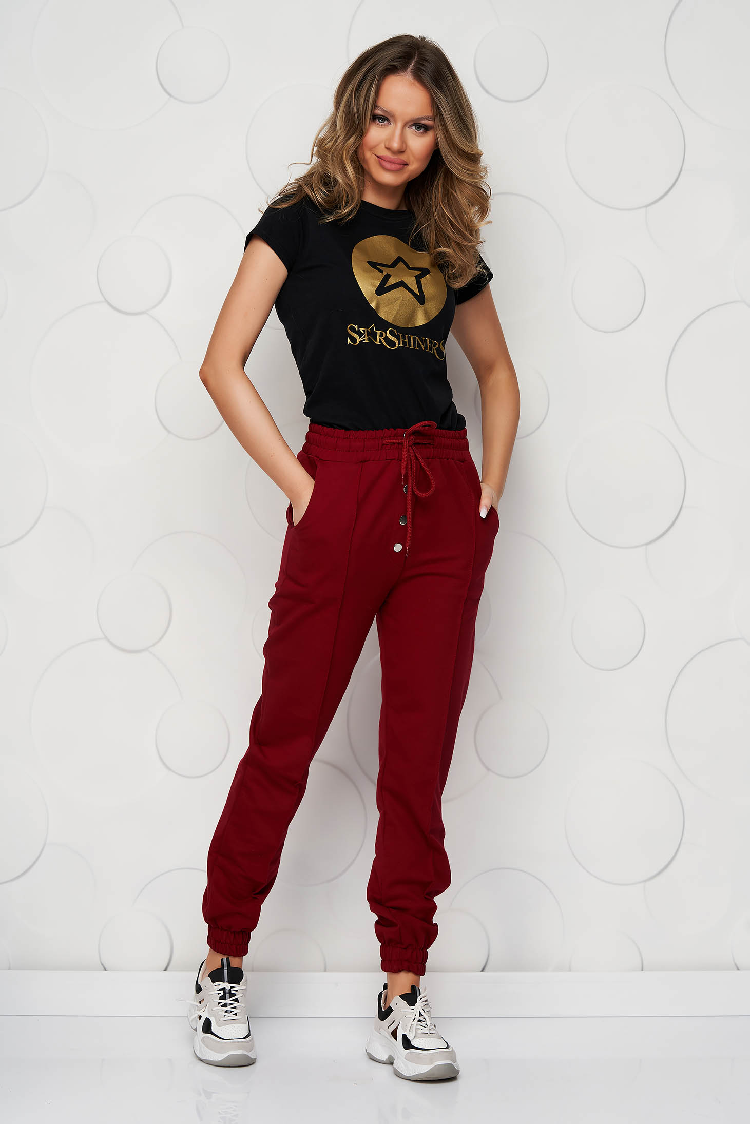 Burgundy trousers cotton high waisted with button accessories