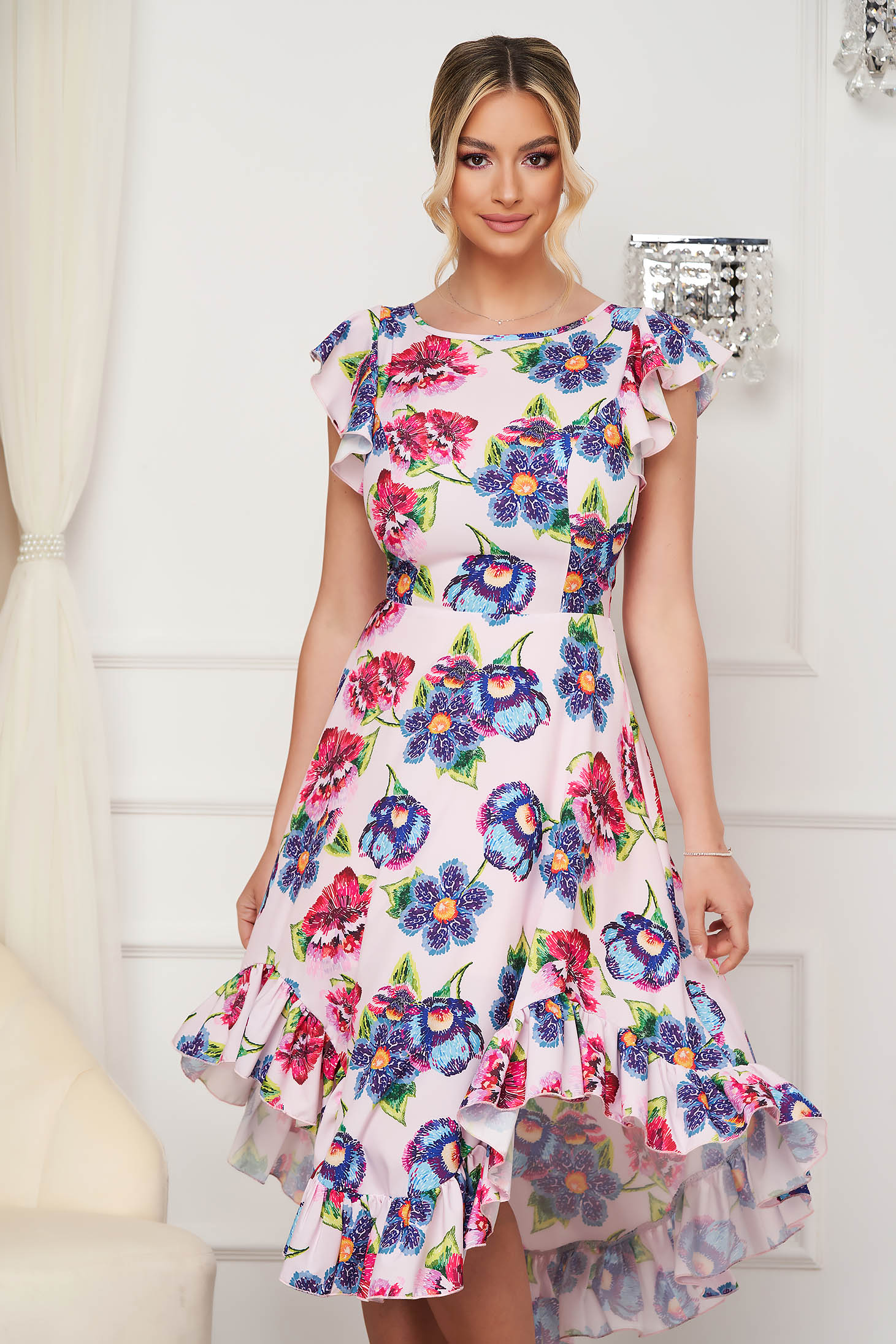 Silk-like Thin Material Midi Asymmetrical A-line Dress with Ruffles and Digital Floral Print - StarShinerS