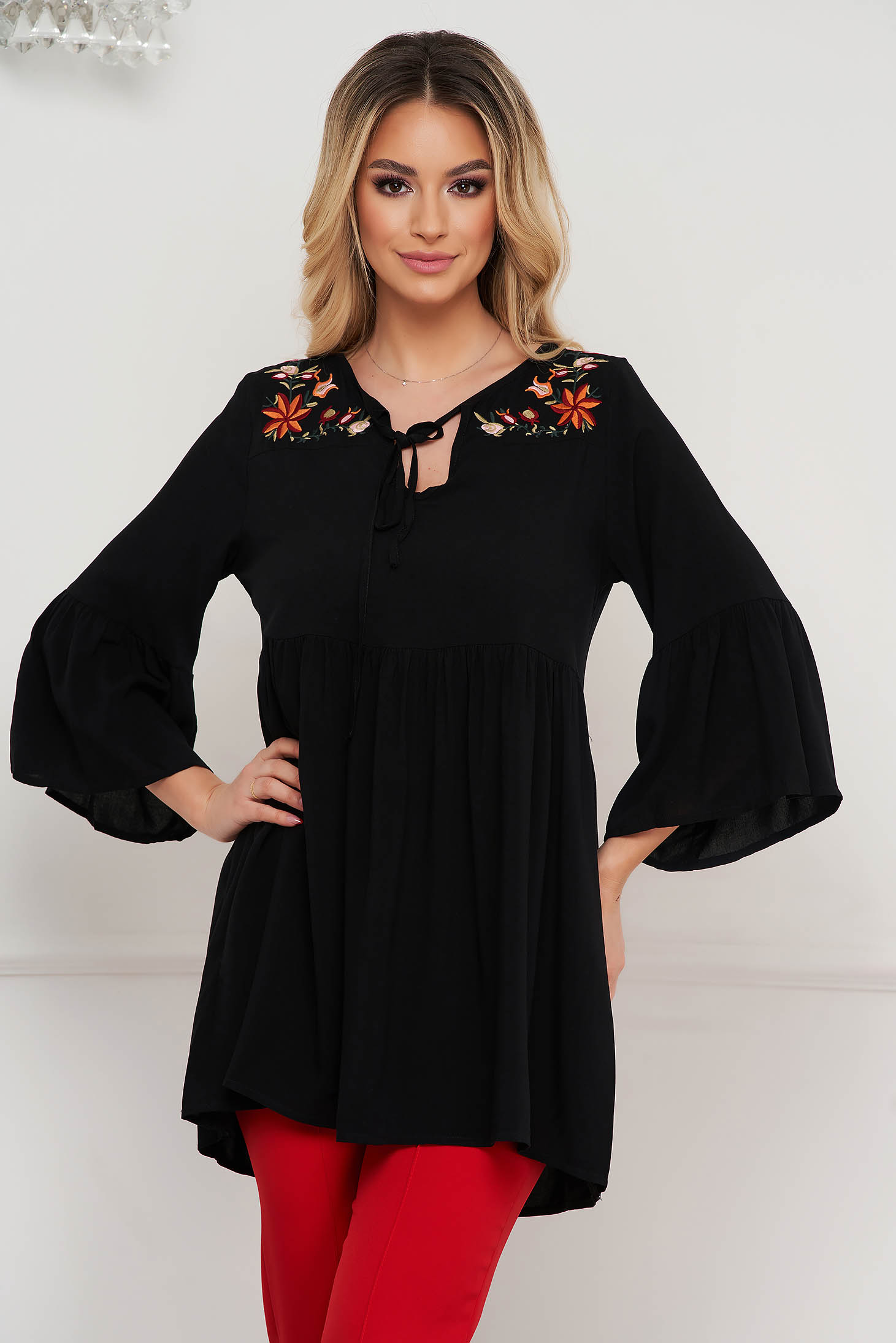 Black women`s blouse loose fit long cotton embroidered