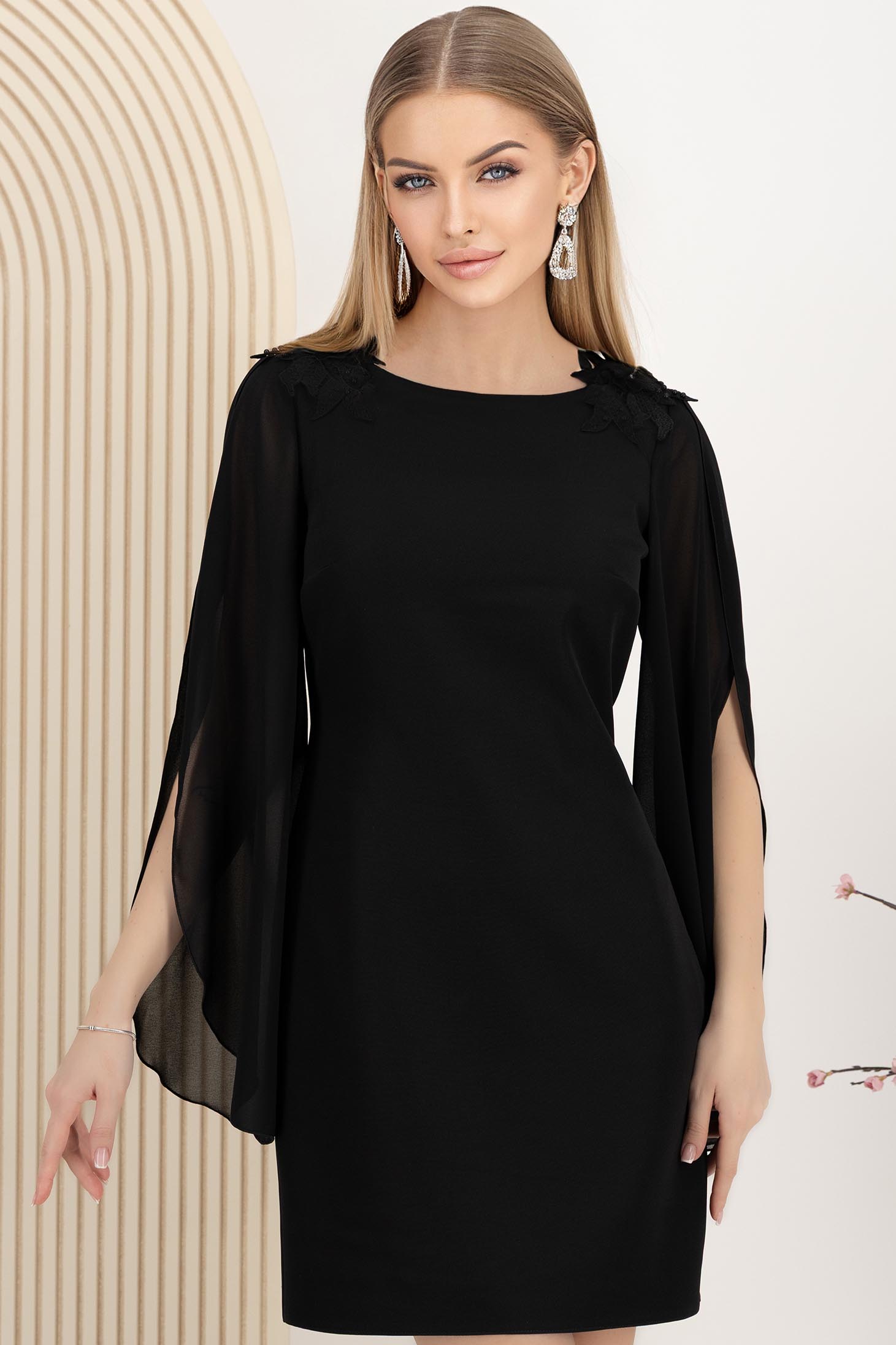 Rochie din stofa elastica neagra scurta cu un croi drept si maneci din voal - StarShinerS 1 - StarShinerS.ro