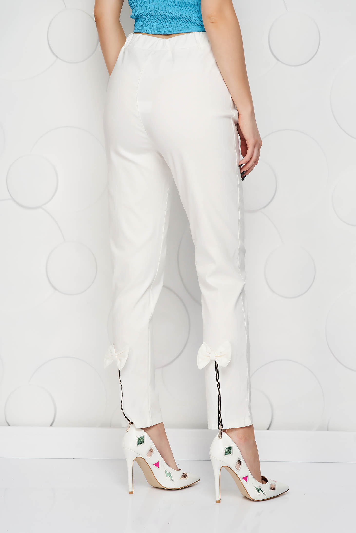 Pantaloni din material elastic ivoire conici cu talie inalta - SunShine