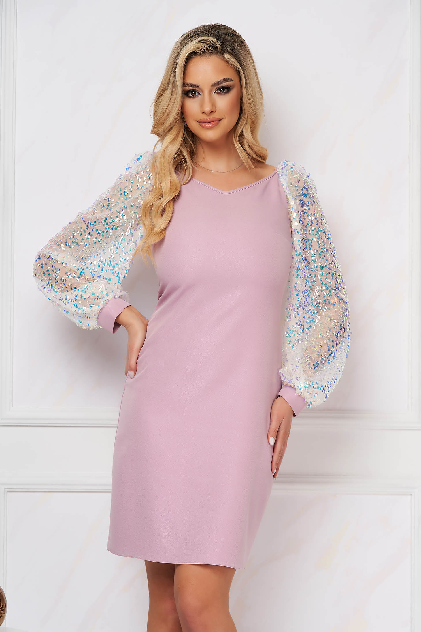 - StarShinerS lightpink dress elastic cloth straight with glitter details short cut