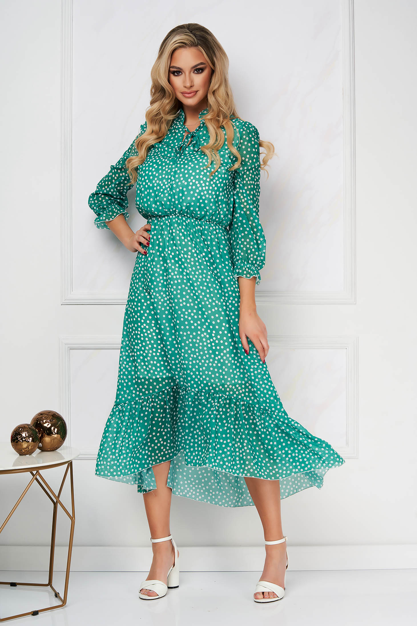 Rochie din voal midi in clos cu elastic in talie cu imprimeu cu buline - StarShinerS