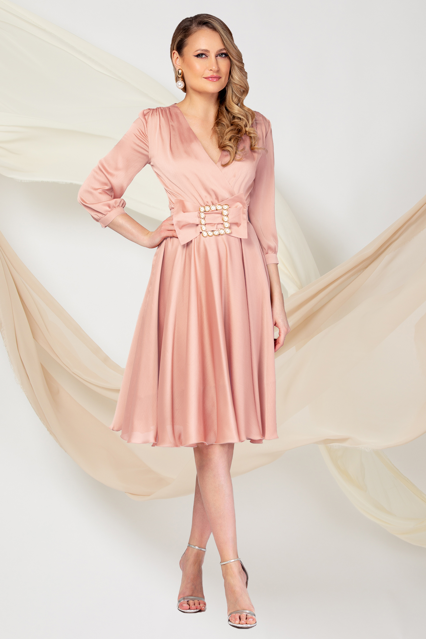 Light Pink Veil Midi A-Line Dress with Crossover Neckline - PrettyGirl