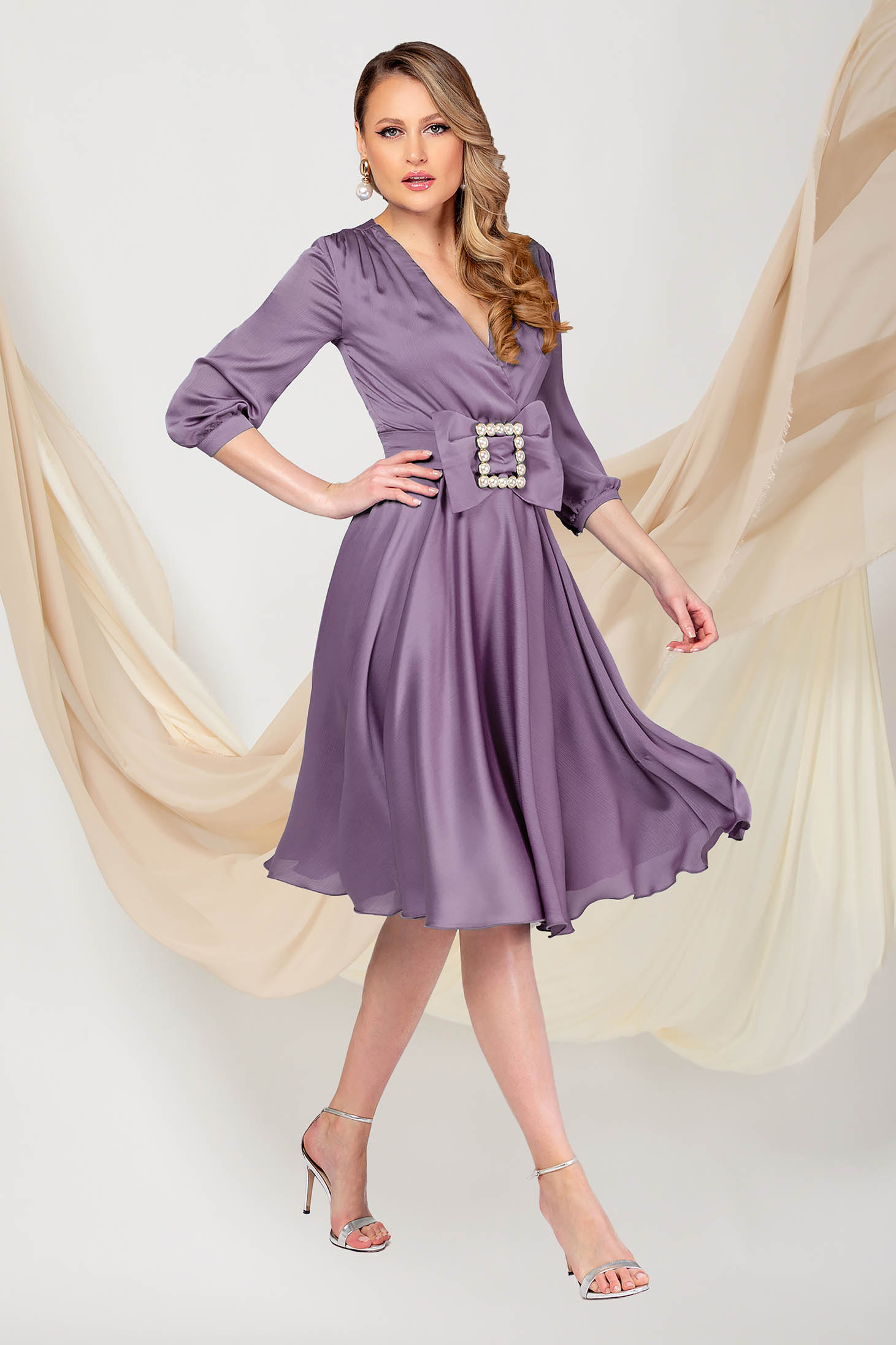 Light Purple Voile Midi A-Line Dress with Crossover Neckline - PrettyGirl