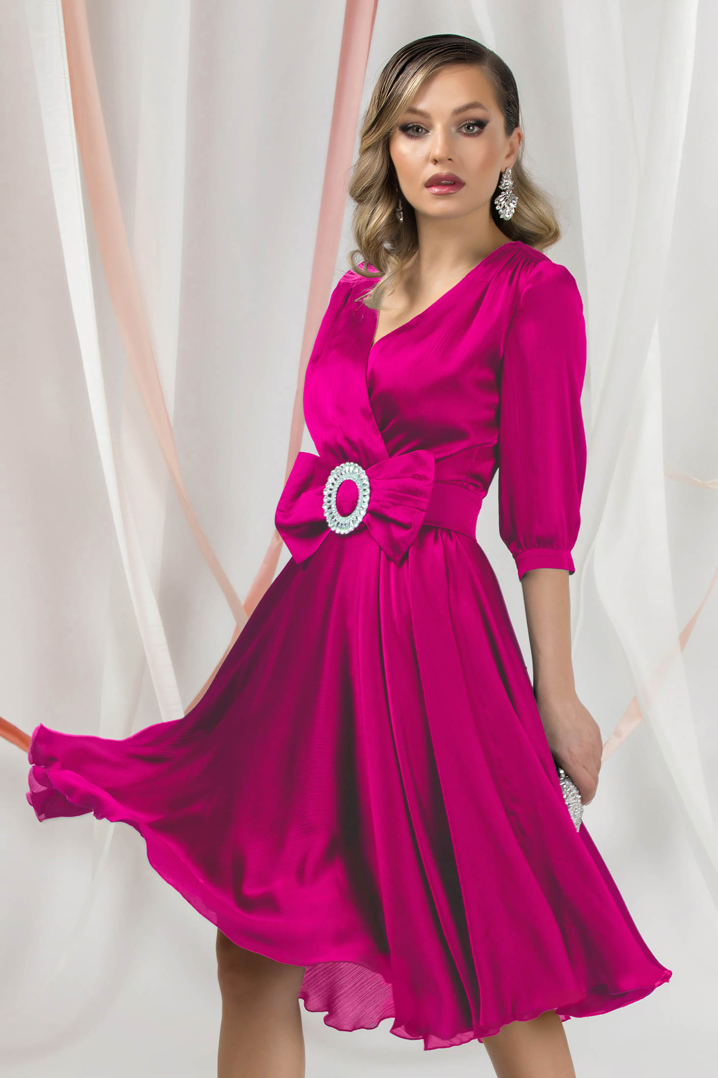 Fuchsia Satin Midi Swing Dress with Crossover Neckline - PrettyGirl 1 - StarShinerS.com