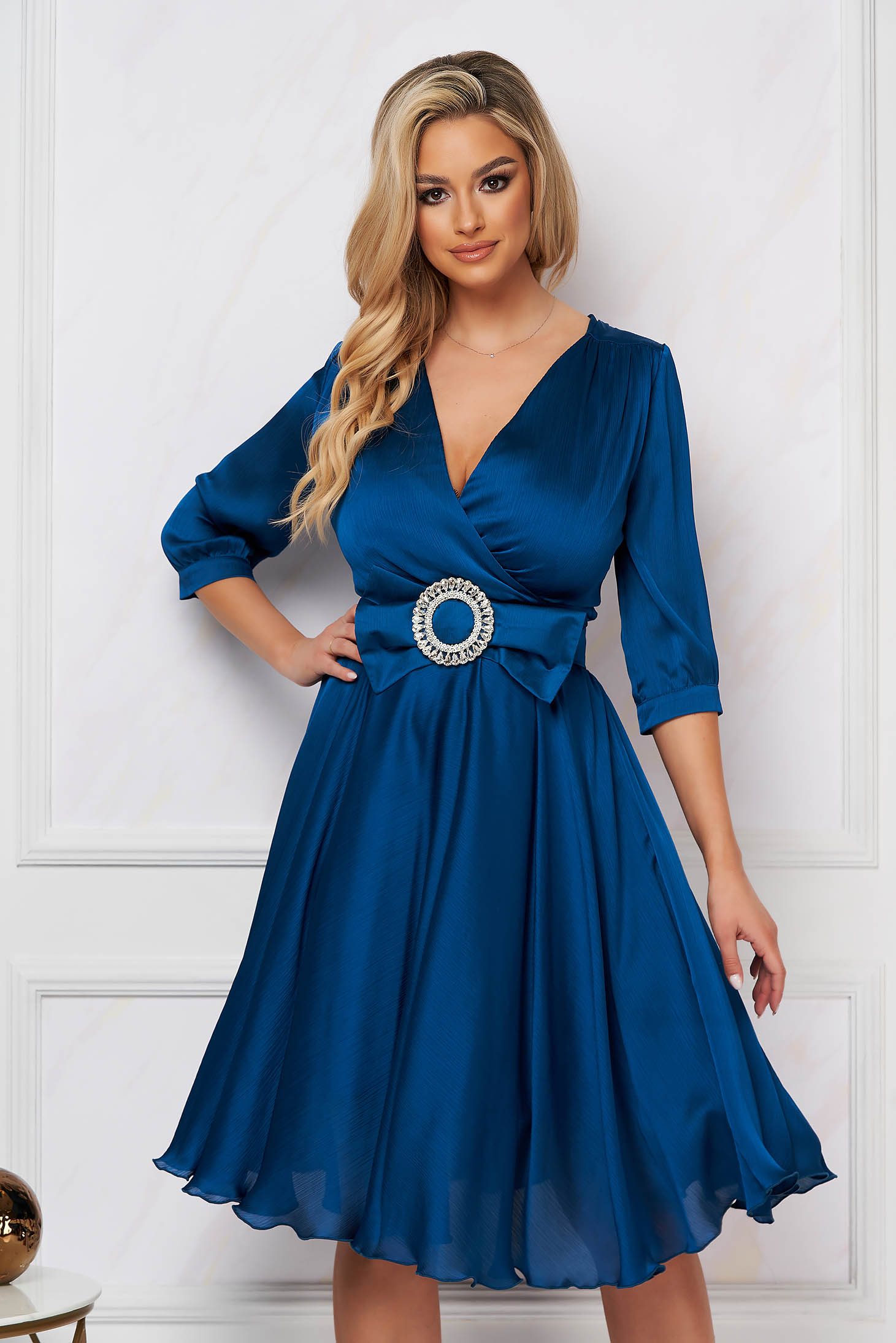 Petrol blue dress midi cloche from satin wrap over front