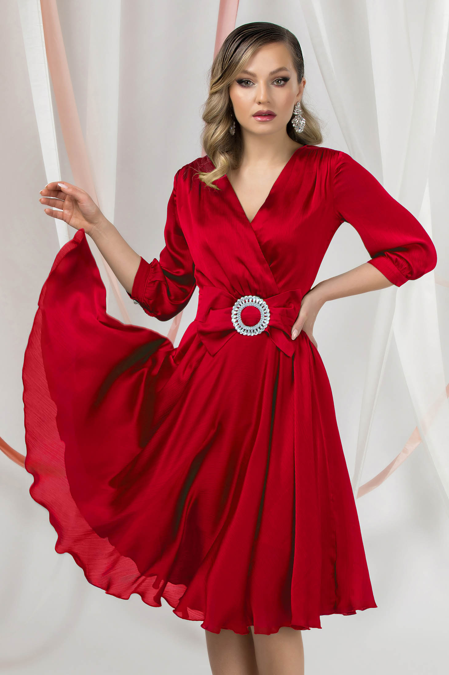 Red Satin Midi Swing Dress with Crossover Neckline - PrettyGirl 1 - StarShinerS.com