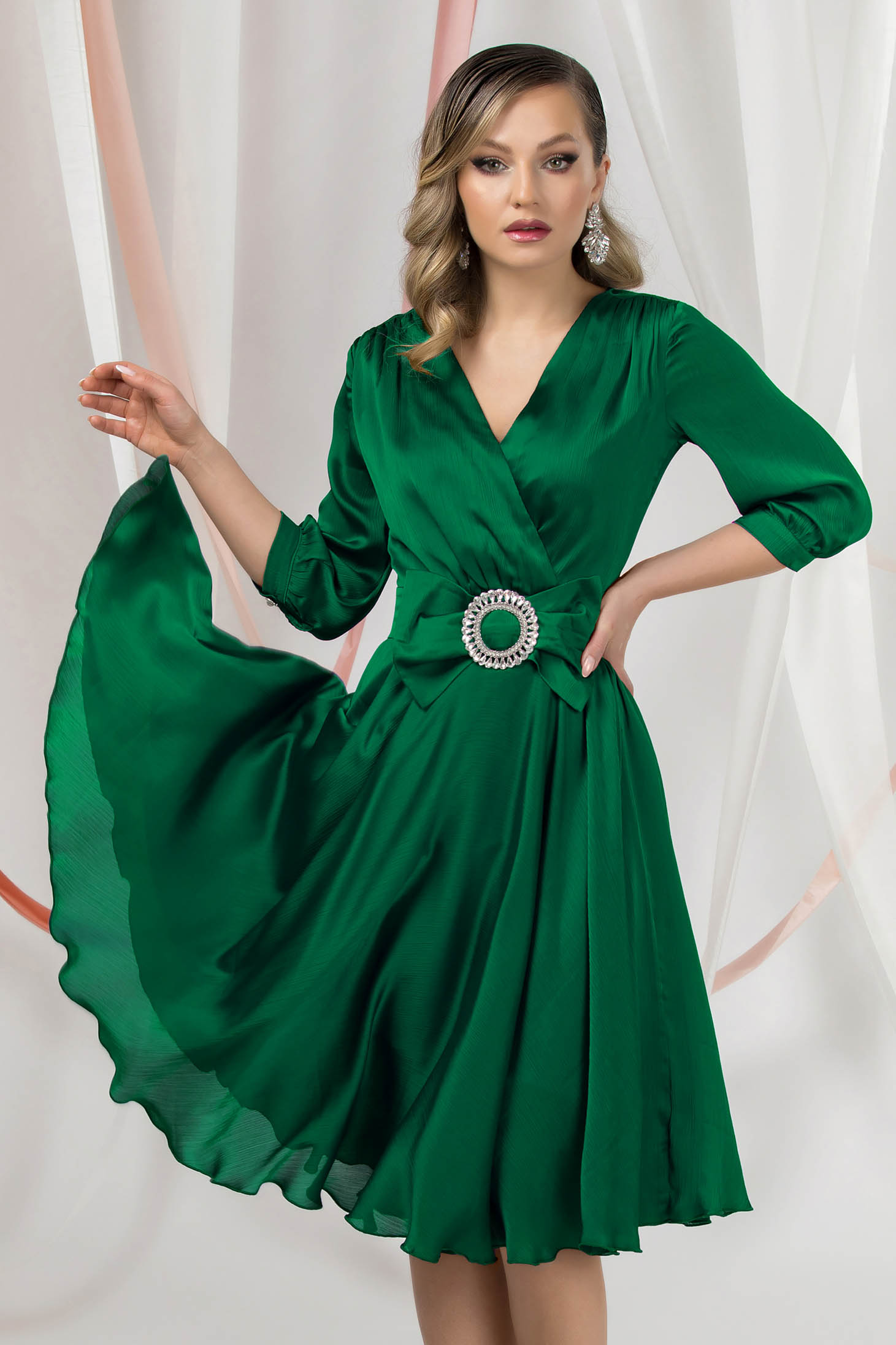 Green Satin Midi A-Line Dress with Wrap Neckline - PrettyGirl 1 - StarShinerS.com