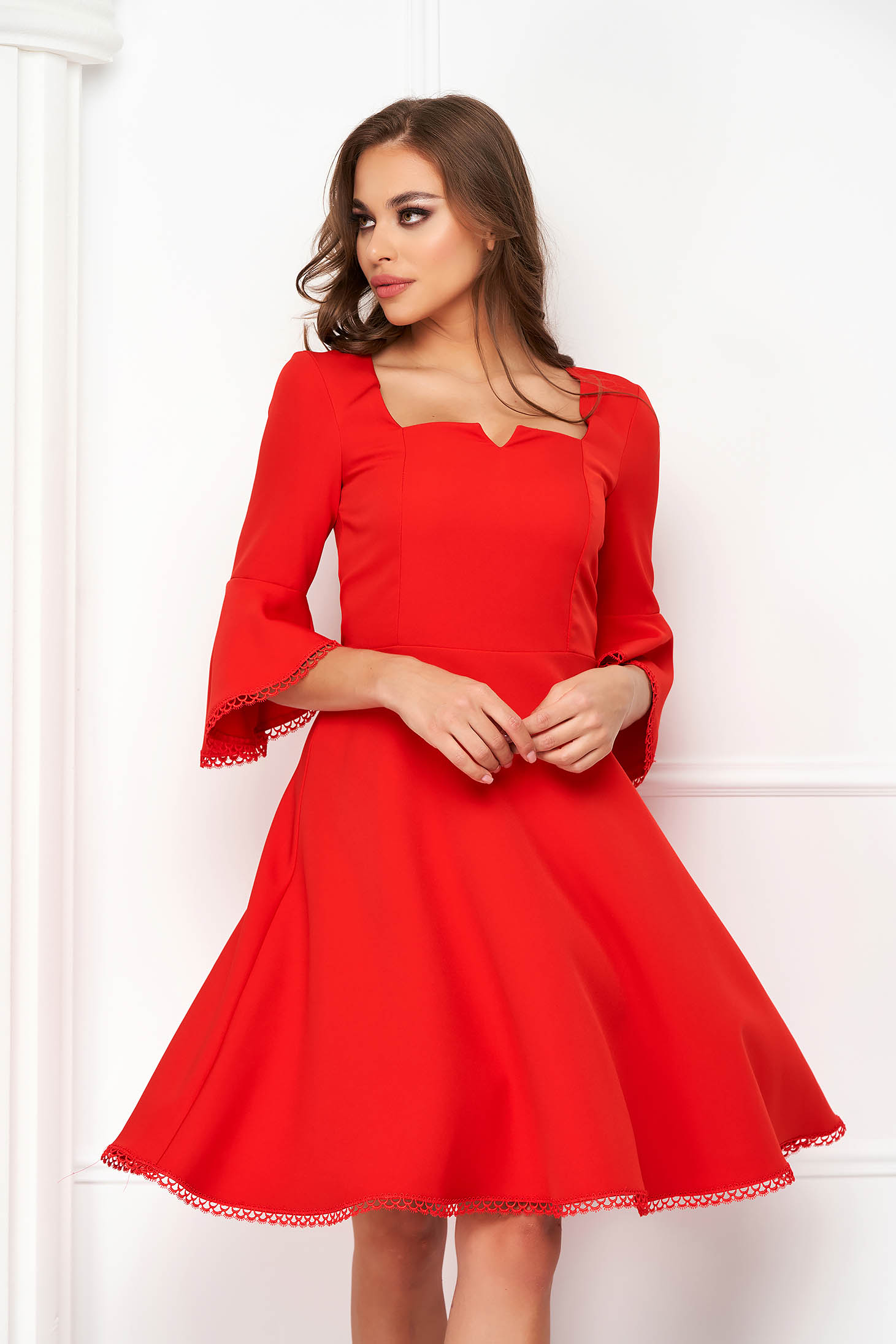 Red dress cloche elastic cloth with ruffled sleeves - StarShinerS