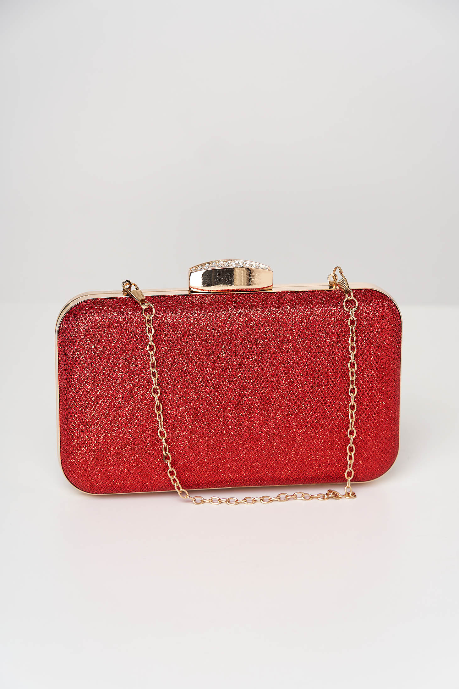Red bag occasional accessorized with chain detachable chain with crystal embellished details