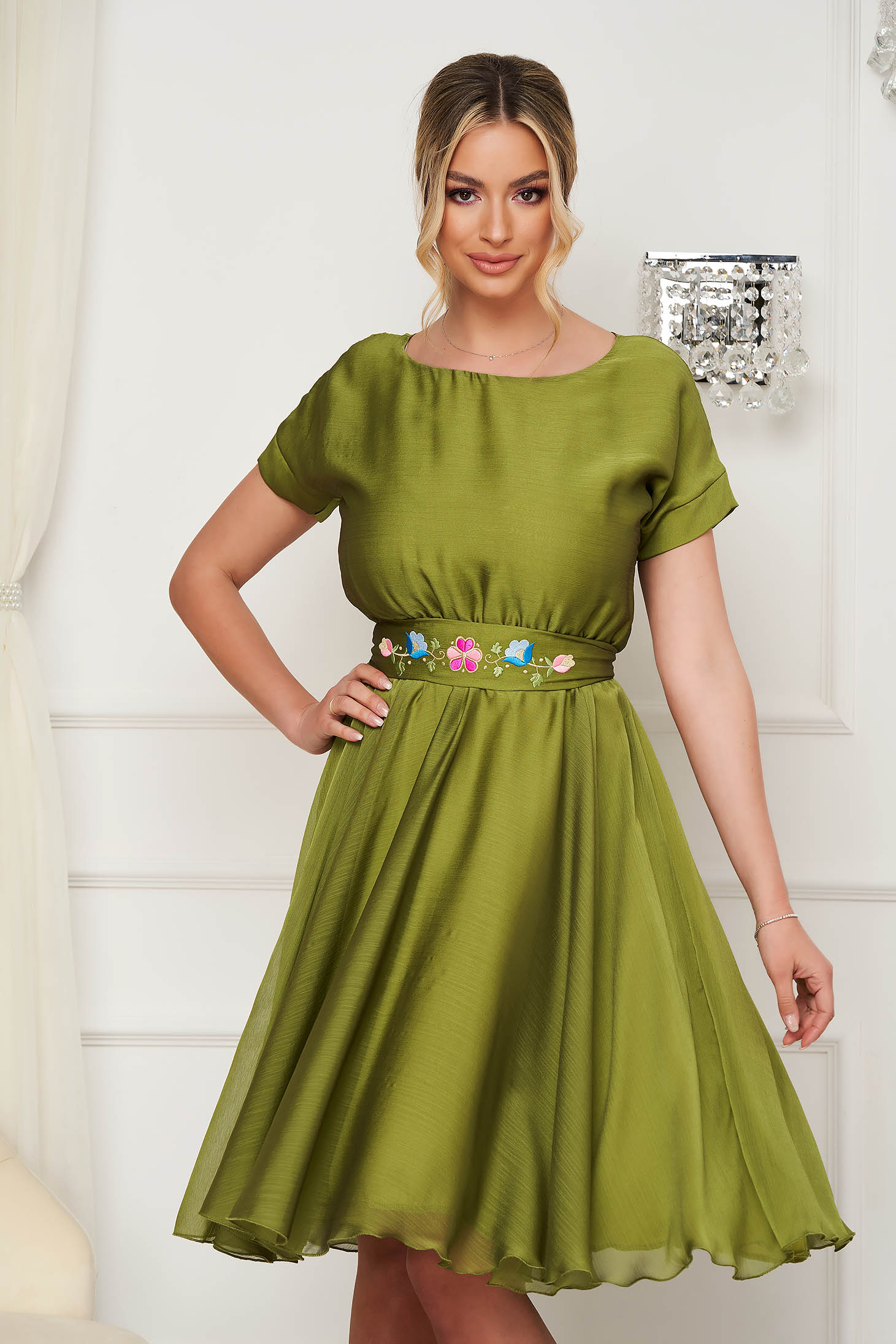 - StarShinerS khaki dress cloche with elastic waist midi from veil fabric detachable cord embroidered