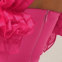 Rochie din material usor elastic roz midi tip creion cu volanase la maneca din organza - PrettyGirl