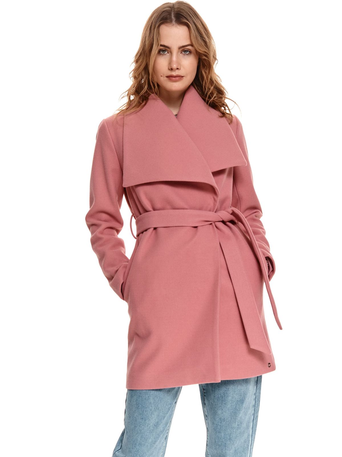 Palton din stofa roz cu croi larg si buzunare - Top Secret