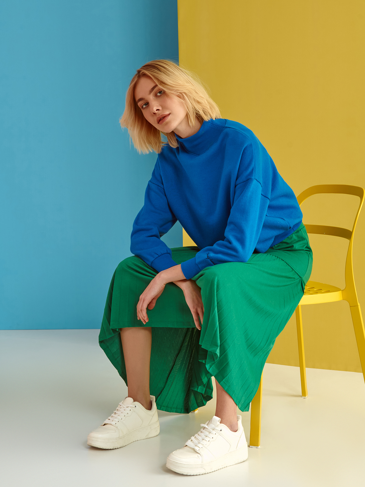 Blue women`s blouse cotton with turtle neck loose fit