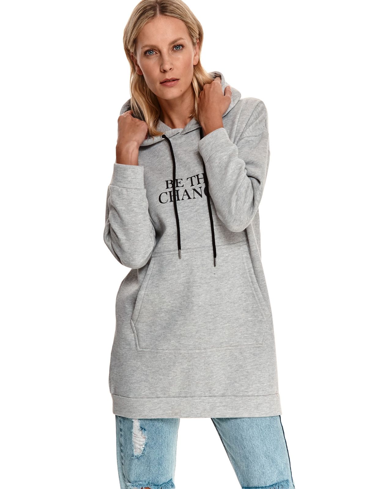Lightgrey women`s blouse cotton loose fit with undetachable hood